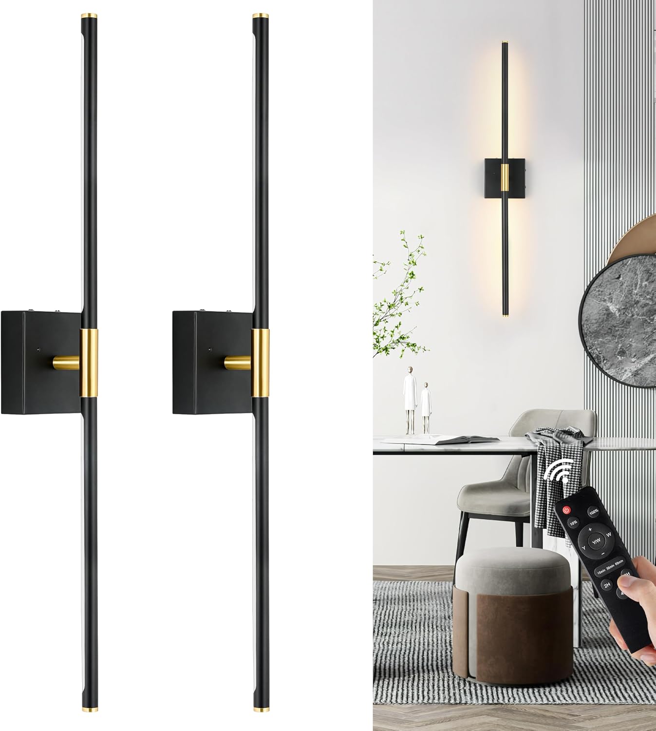 Morauroral 36 Inch Battery Operated Wall Sconces Set of 2, Dimmable Battery Wall Sconce with Remote Control, Black Gold LED Rechargeable Sconces, Modern Wireless Wall Lights for Bedroom, Living Room