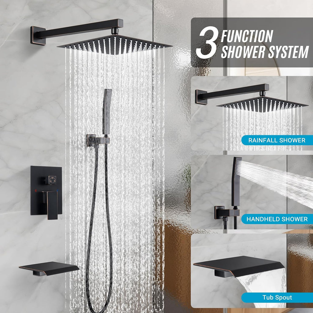 10' Rain Shower Faucet Set with Tub Spout,Oil Rubbed Bronze | Anti-scald cartridge, air tech boosts pressure 50%, 3-func diverter, NPT 1/2