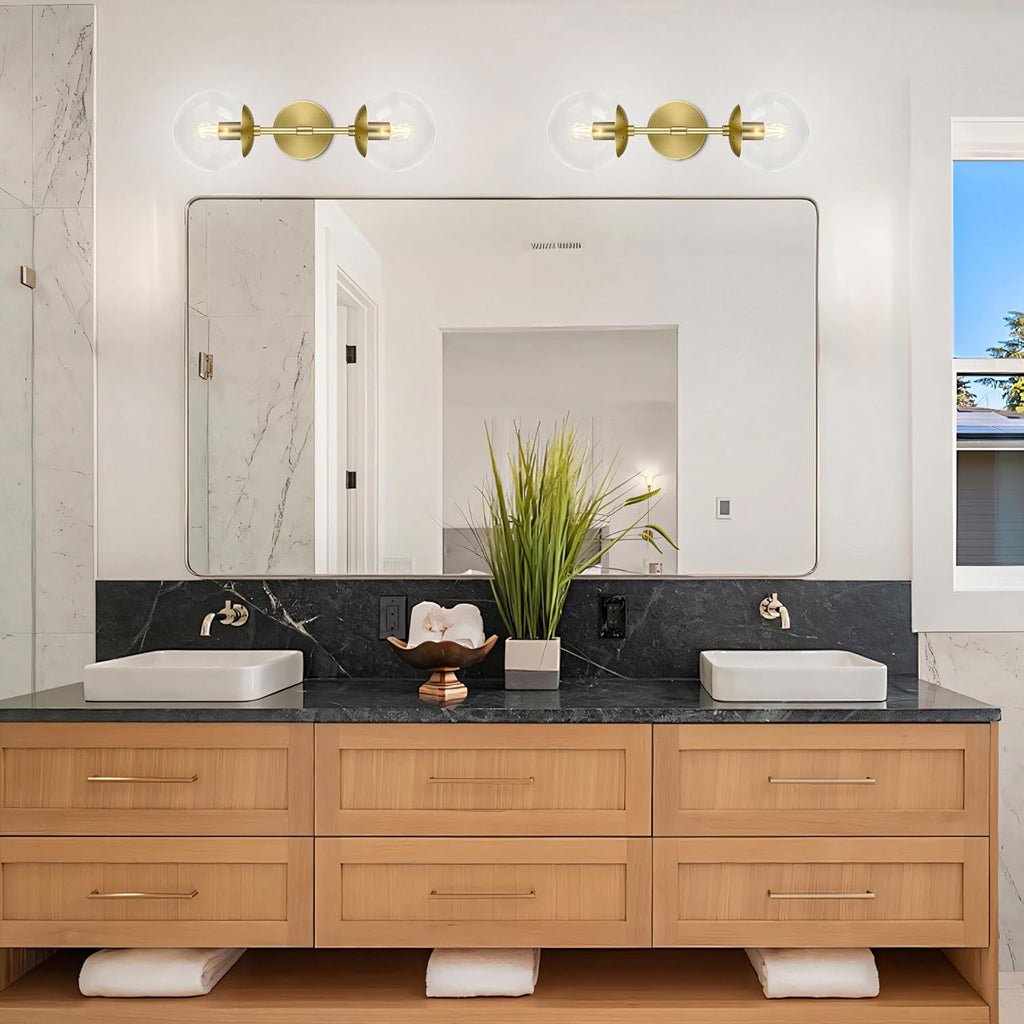 KoKo&Yukina 2 Pack Mid Century Modern Bathroom Vanity Light Brushed Gold Vanity Lighting Fixtures Modern Wall Sconce 2-Lights Globe Vanity Light with Clear Glass Shade for Bathroom(Bulb Incl)