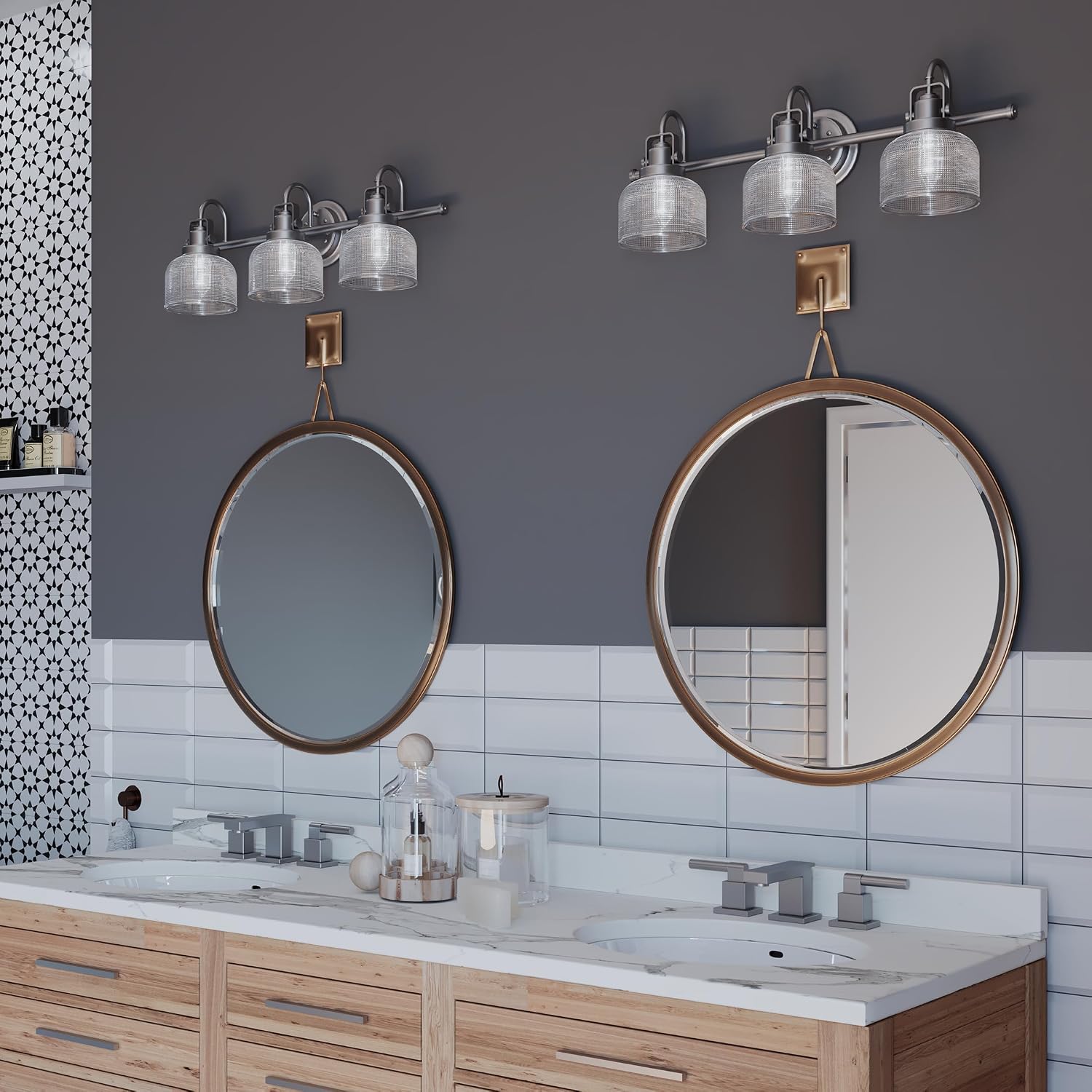 Progress Lighting P2992-81 Archie Collection Clear Double Prismatic Glass Coastal Bath Vanity, 3-Light, Antique Nickel