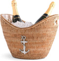 Vagabond House Beach Essentials - Cooler, Handwoven Rattan Wicker Champagne Bucket with Pewter Anchor Accent, Boho Bucket, Beach Home, Coastal Decor, Lightweight Holds Multi Wine Bottles Beer Soda