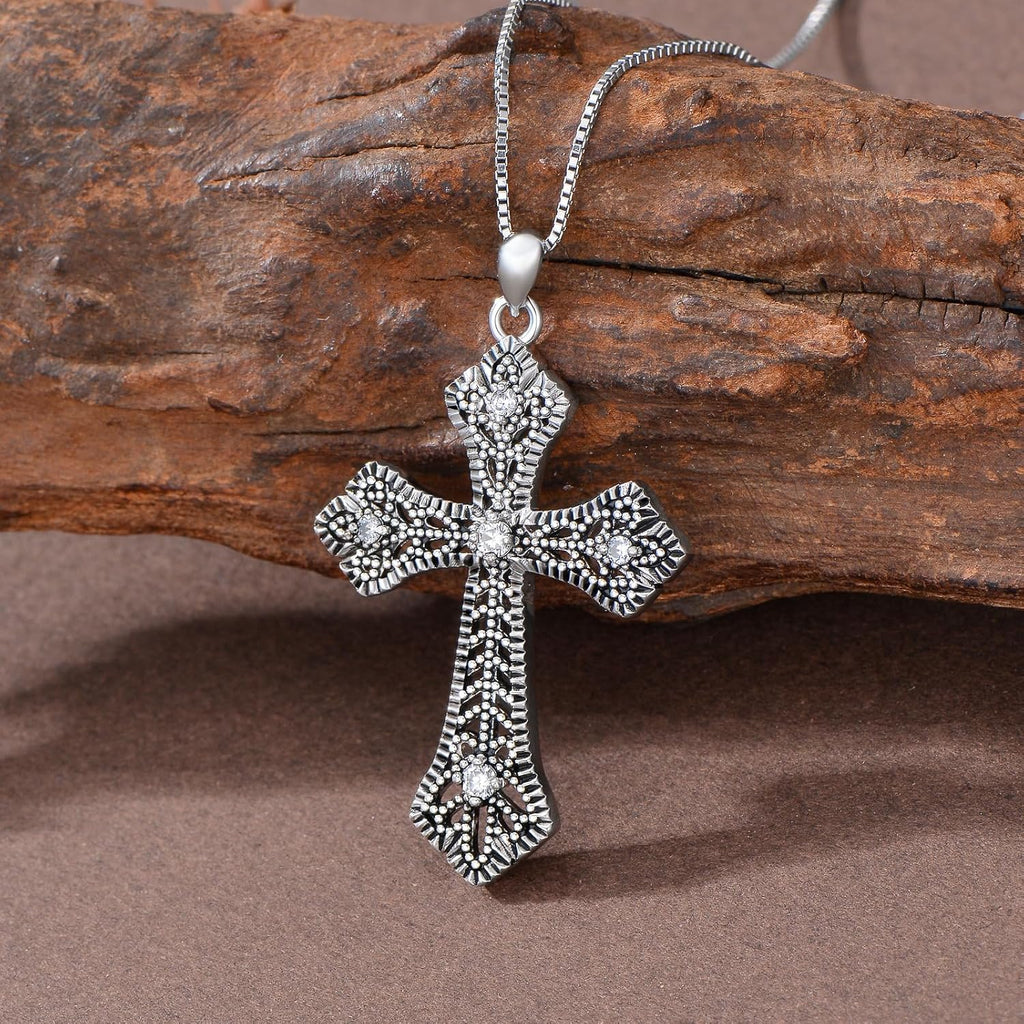 Real Sterling Silver Religious Necklace for Women, s925 Silver Cross Necklace Christian Religion Jewelry for Confirmation Baptism Ladies Mom, 18+2'