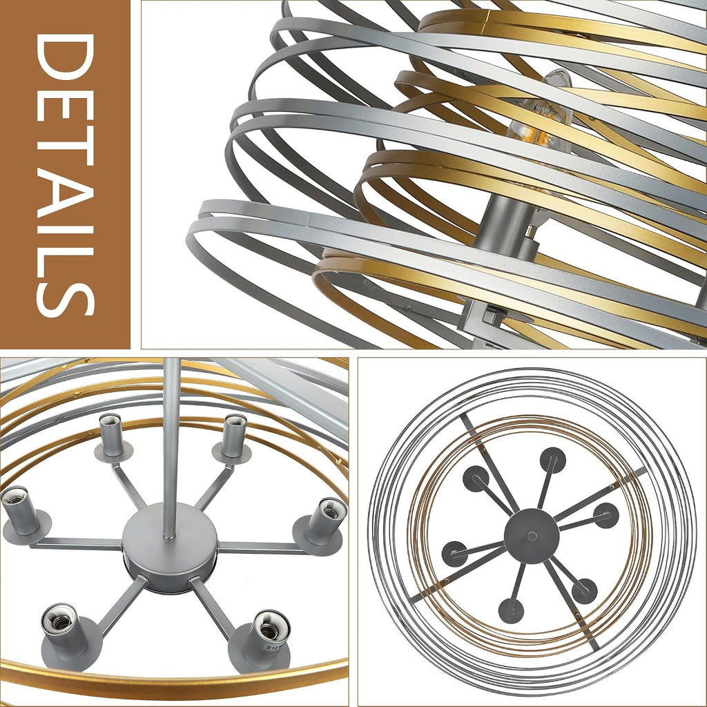 ACNKTZ 23.6'' Large Vintage Round Chandelier, 6-Light Modern Farmhouse Lantern Chandelier, Antique Double Drum Chandelier for Dining Room Entryway Kitchen Island Foyer, Silver with Gold Interior