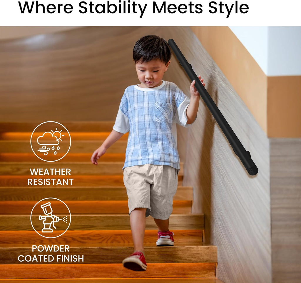 Meranti Aluminum Handrail for Indoor or Outdoor Steps and Stairs – Hand Rails for Elderly – DIY Complete Stair Railing Kit (AHR, Black, 4' Length)