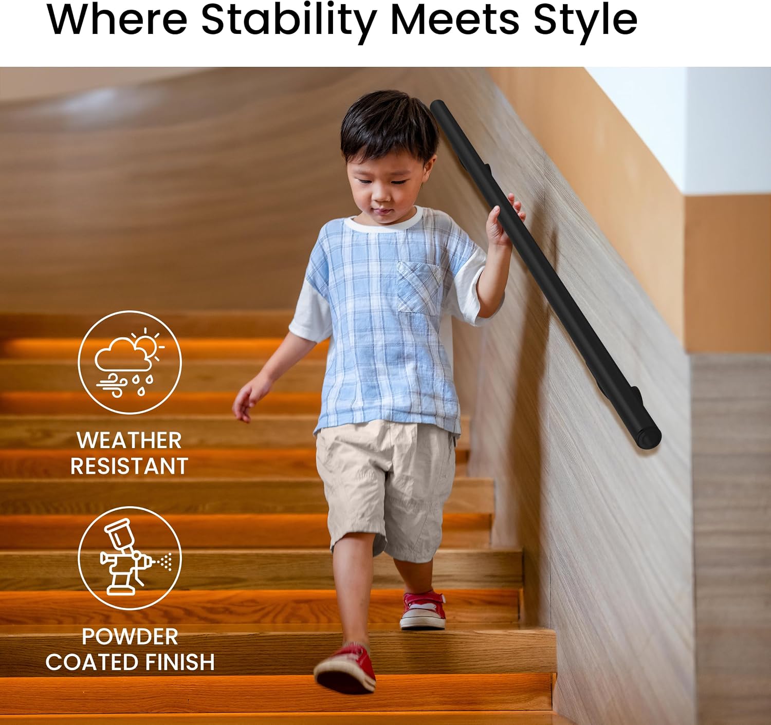Meranti Aluminum Handrail for Indoor or Outdoor Steps and Stairs – Hand Rails for Elderly – DIY Complete Stair Railing Kit (AHR, Black, 4' Length)