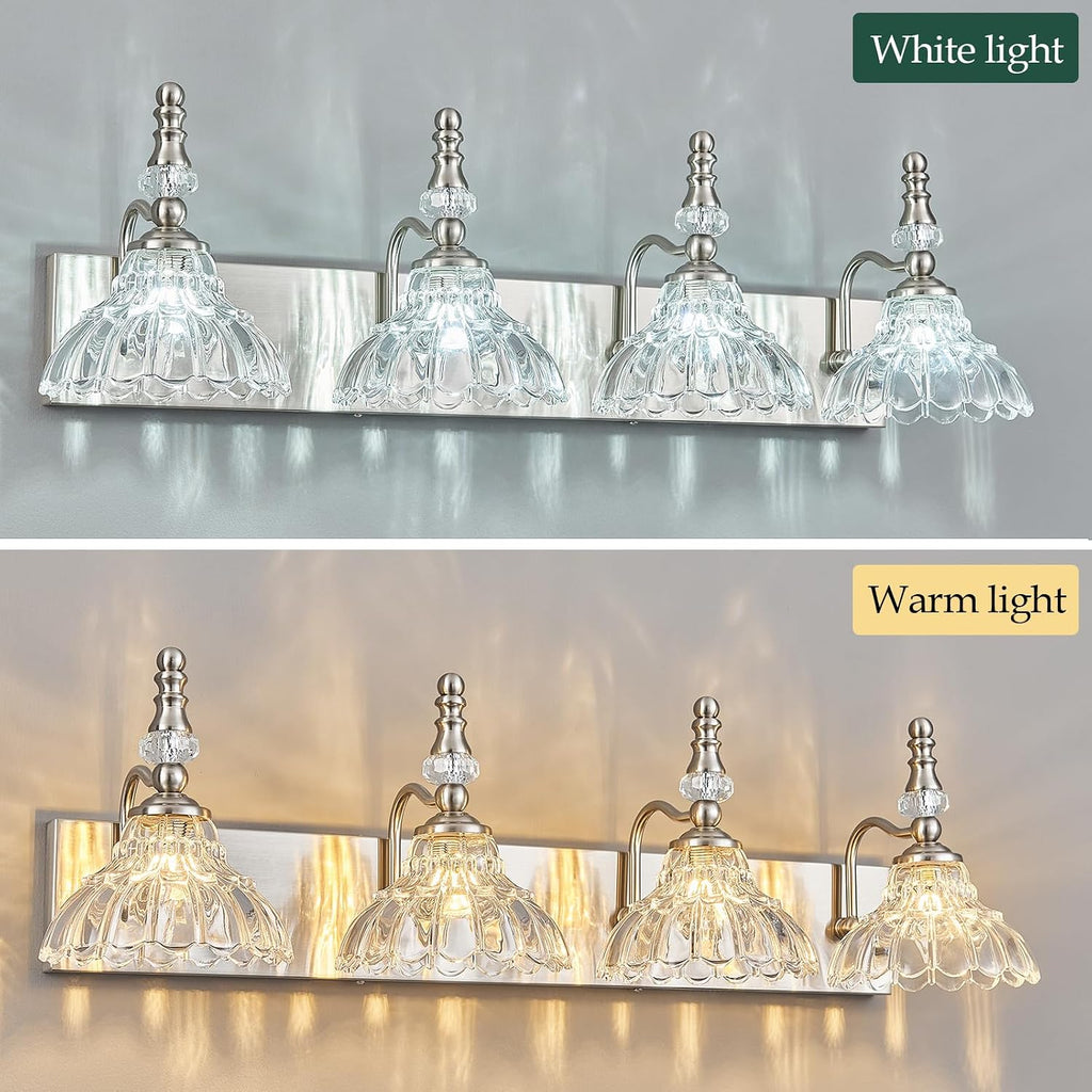 Vintage Bathroom Vanity Light, 4-Light Brushed Nickel Vanity Lighting Fixture with Flower Glass Shade, Bathroom Lighting Fixtures Over Mirror