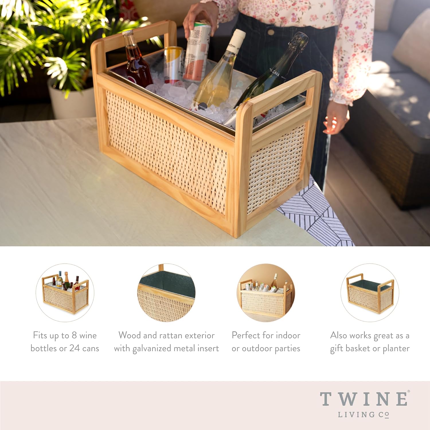Twine Rattan and Wood Bottle Cooler Basket, Beverage Tubs for Parties, Beverage Chiller Ice Bucket for Drinks with Handles, Holds 8 Wine Bottles or 6.5 Gallons Set of 1