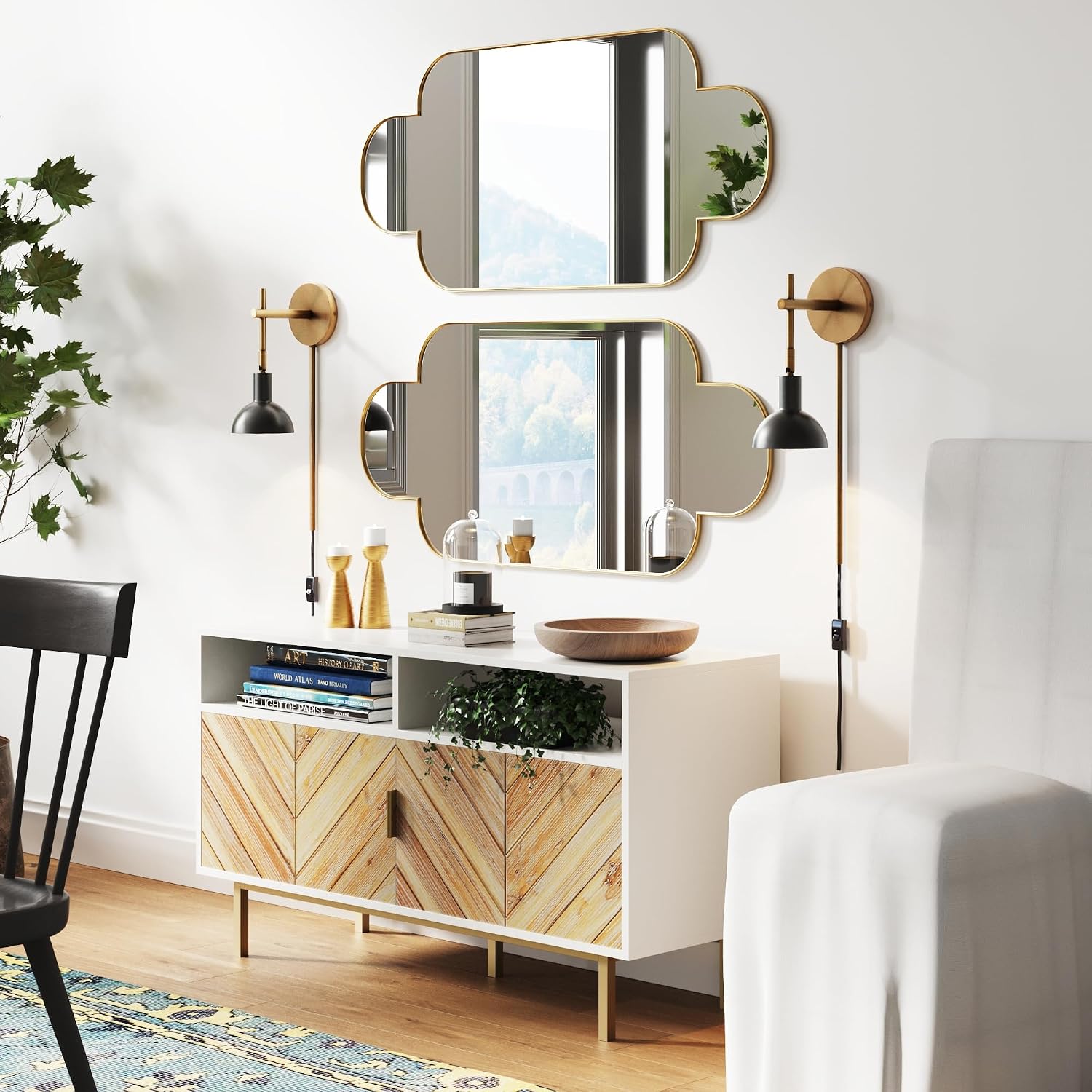 Nathan James Tamlin Wall Light Fixture, Wall Mounted 1-Light Lamp, Plugin Sconce with On/Off Switch for Living Room, Reading Nook or Bedroom, Vintage Brass/Matte Black, Set of 2