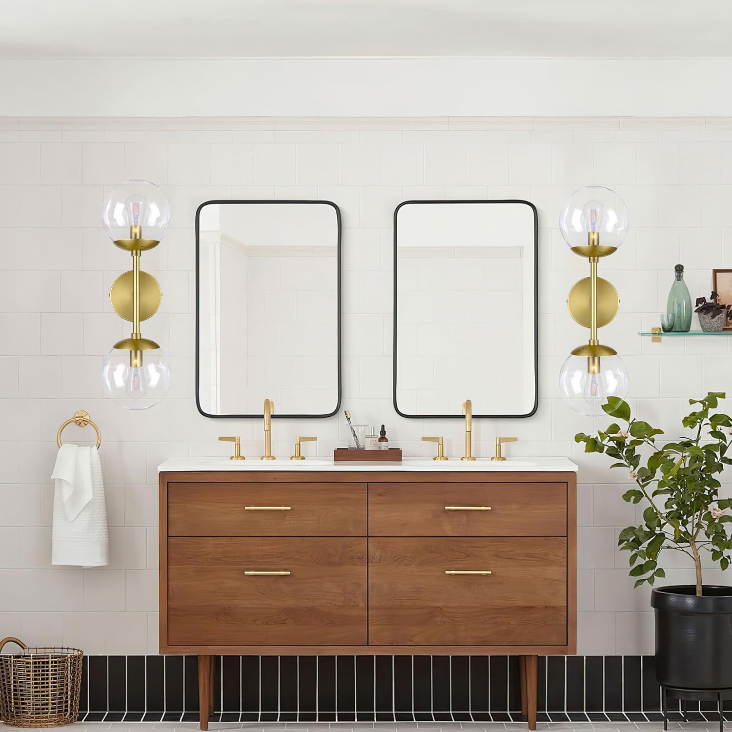KoKo&Yukina 2 Pack Mid Century Modern Bathroom Vanity Light Brushed Gold Vanity Lighting Fixtures Modern Wall Sconce 2-Lights Globe Vanity Light with Clear Glass Shade for Bathroom(Bulb Incl)