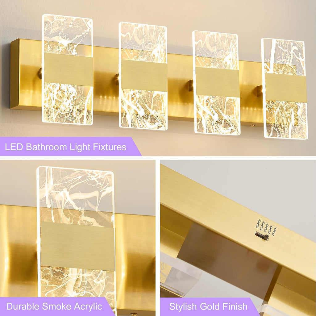 Modern LED Bathroom Light Fixtures Dimmable 4-Light Gold Vanity Light, 5CCT Adjustable Lighting Fixture Vanity Lights Over Mirror, Smoked Acrylic LED Vanity Lights for Bathroom