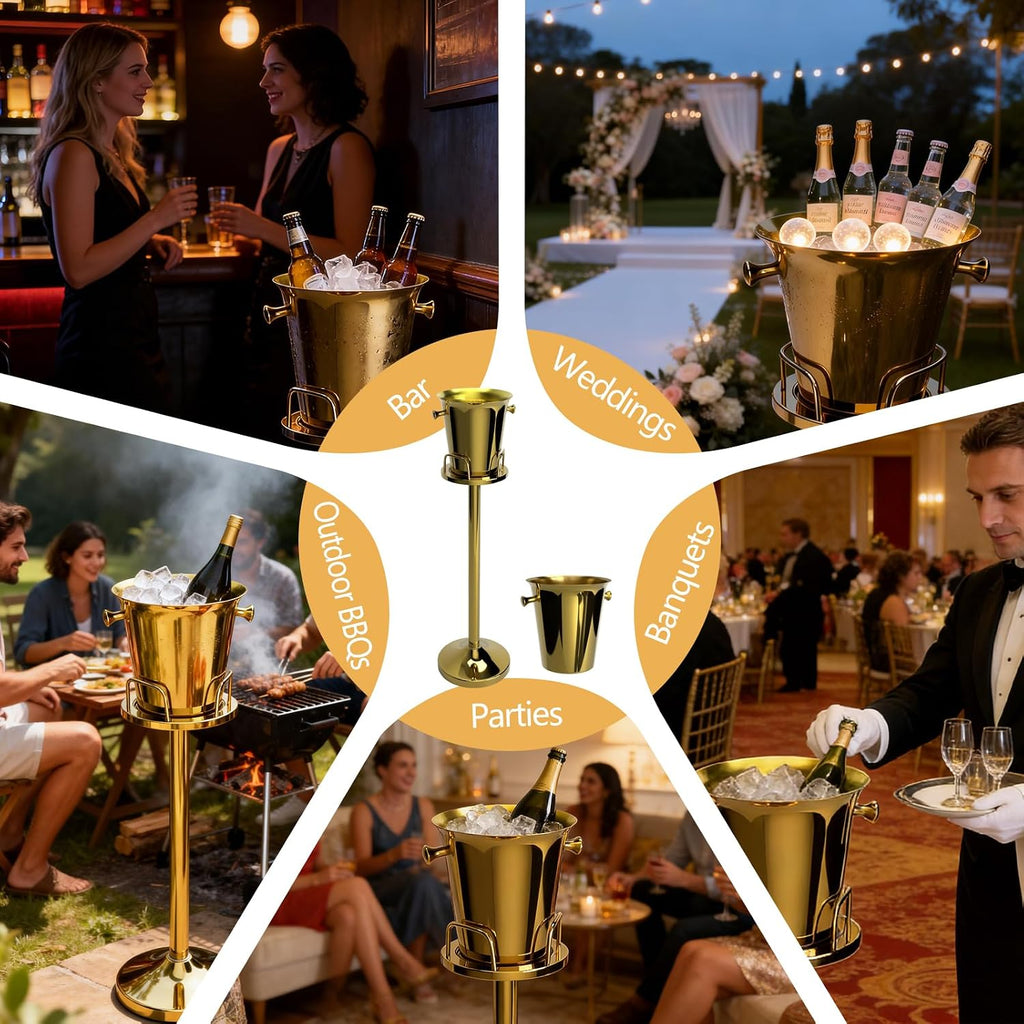 Champagne Bucket with Stand, Wine Bucket Stand with 5L Bucket, Stainless Steel Standing Ice Buckets for Bar, KTV, Hotel, Party, Gathering (Gold, 2 Packs)