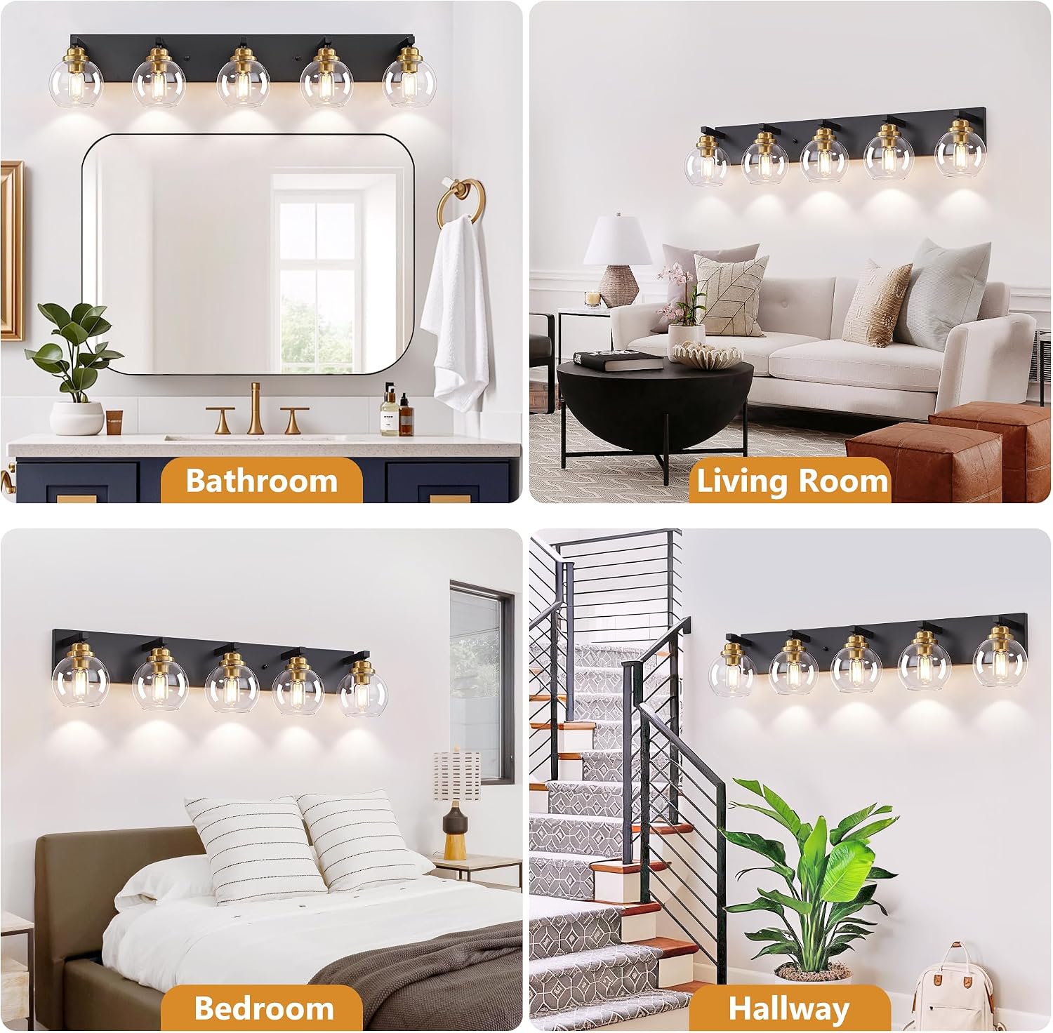 LmnLvn 5-Light Black Gold Vanity Light, Clear Glass | Bathroom light over mirror. Dimmable E26 bulbs (max 60W). Reversible up/down mount. Bedroom/hallway. 2-year warranty.