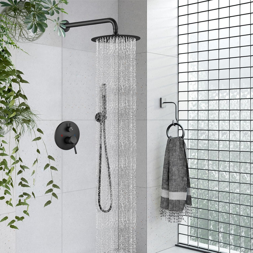 gotonovo Shower System 10 Inch Round Rainfall Showerhead Wall Mounted High Pressure Shower Faucet Set Fixture Combo with Rough in Valve and Cylindrical Handheld Spray, Matte Black