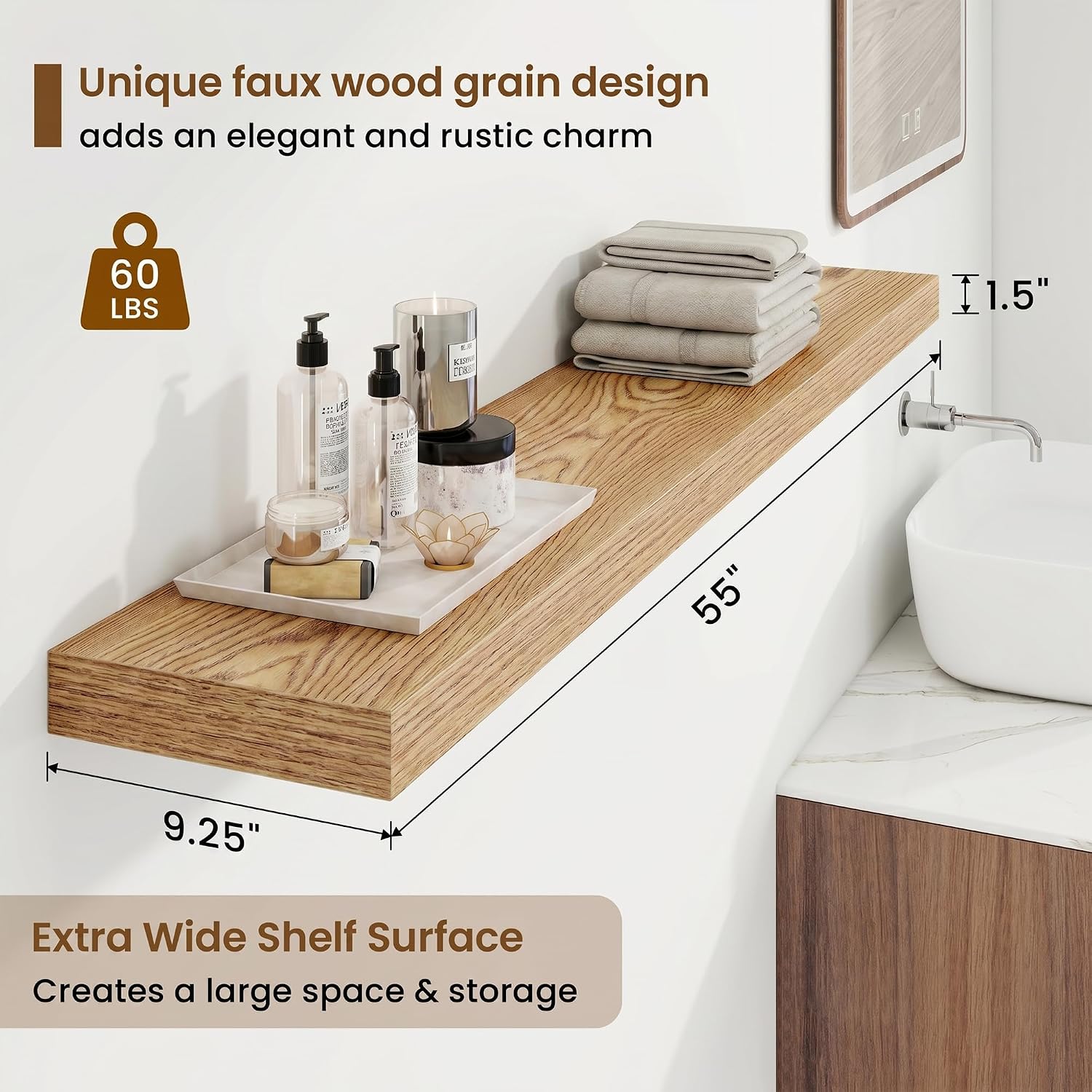 Marsmiles 55in Floating Shelves for Wall, 55' W x 9.25' D x 1.5' H, Long Wall Mounted Engineered Wood Shelves with Invisible Brackets for Living Room, Bedroom, Bathroom, Kitchen, Cedar, 2Pcs