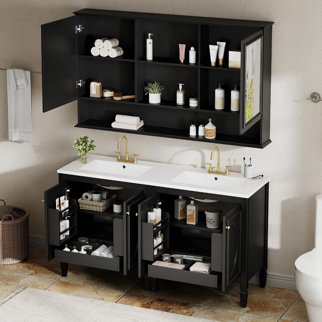 60 Inch Black Bathroom Vanity with Double Sink & Matching Medicine Cabinet with Mirrors Over Sink Combo Set,with Adjustable Shelves,Soft Closing Doors,Bottom Sliding Trays