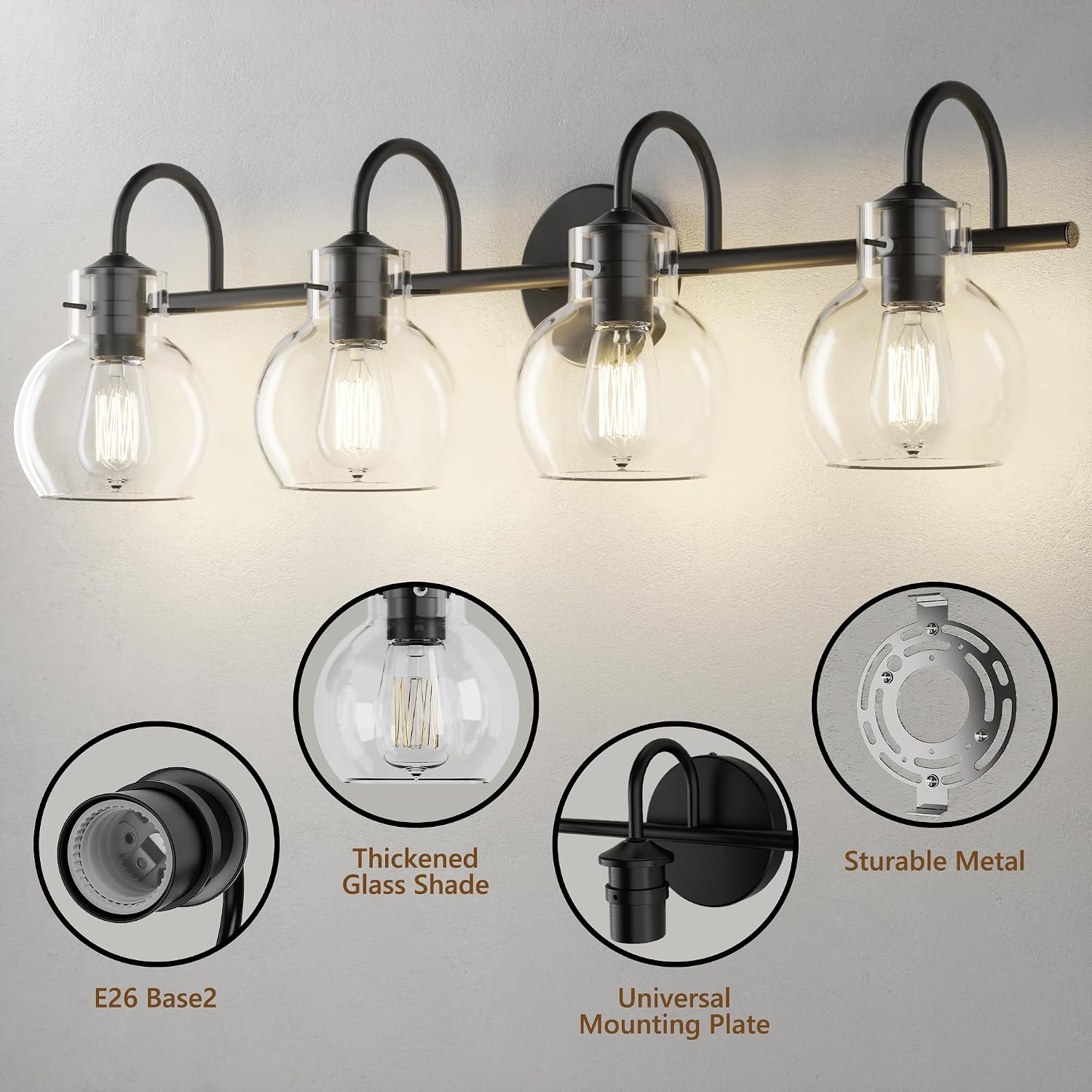 Matte Black Bathroom Vanity Light Fixtures, 4 Light Vanity Lighting Fixtures with Clear Glass Shade, E26 Base, UL Certification (Exclude Bulb)