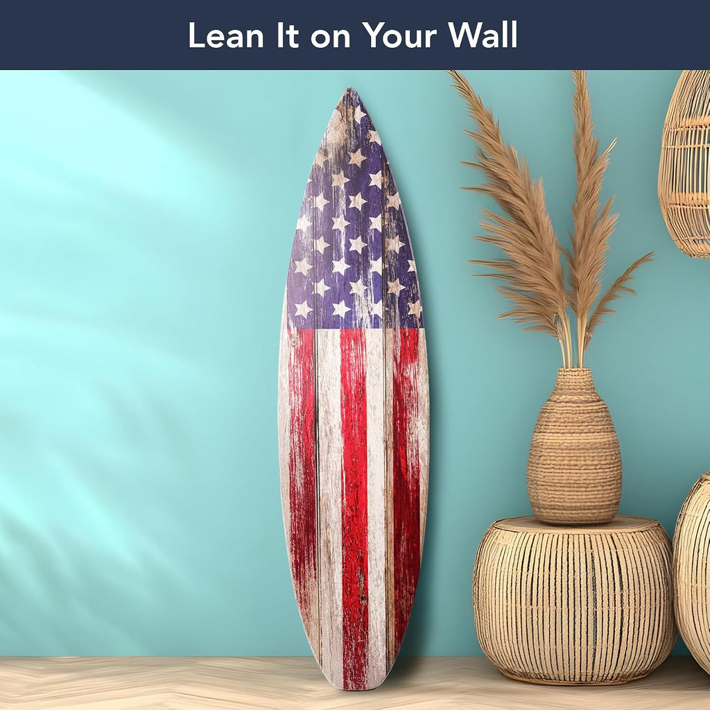 American Art Decor Surfboard Plaque Wall Sign - Beach House Wall Art - Large Tropical/Coastal Home Decor for Living Room, Bedroom, Bathroom, Patio, or Bar (Vintage Americana Flag, 60'x15')
