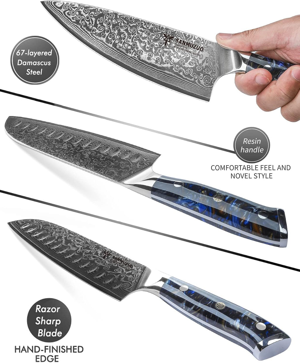 Chef Cooking Knives Set- Kitchen Knife Set of 5 Piece - Ultra-Sharp VG10 Damascus Steel & Resin Handle - Xuan Series (Starry Black)