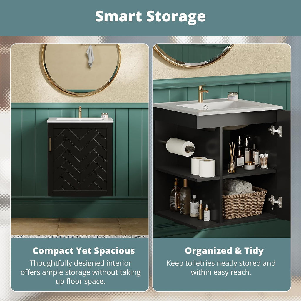 20 Inch Wall Mounted Bathroom Vanity with Sink Top,Small Floating Bathroom Vanity with Side Shelves & Toilet Paper Holder,Compact Storage with Soft Closing Door,Herringbone Front,Black
