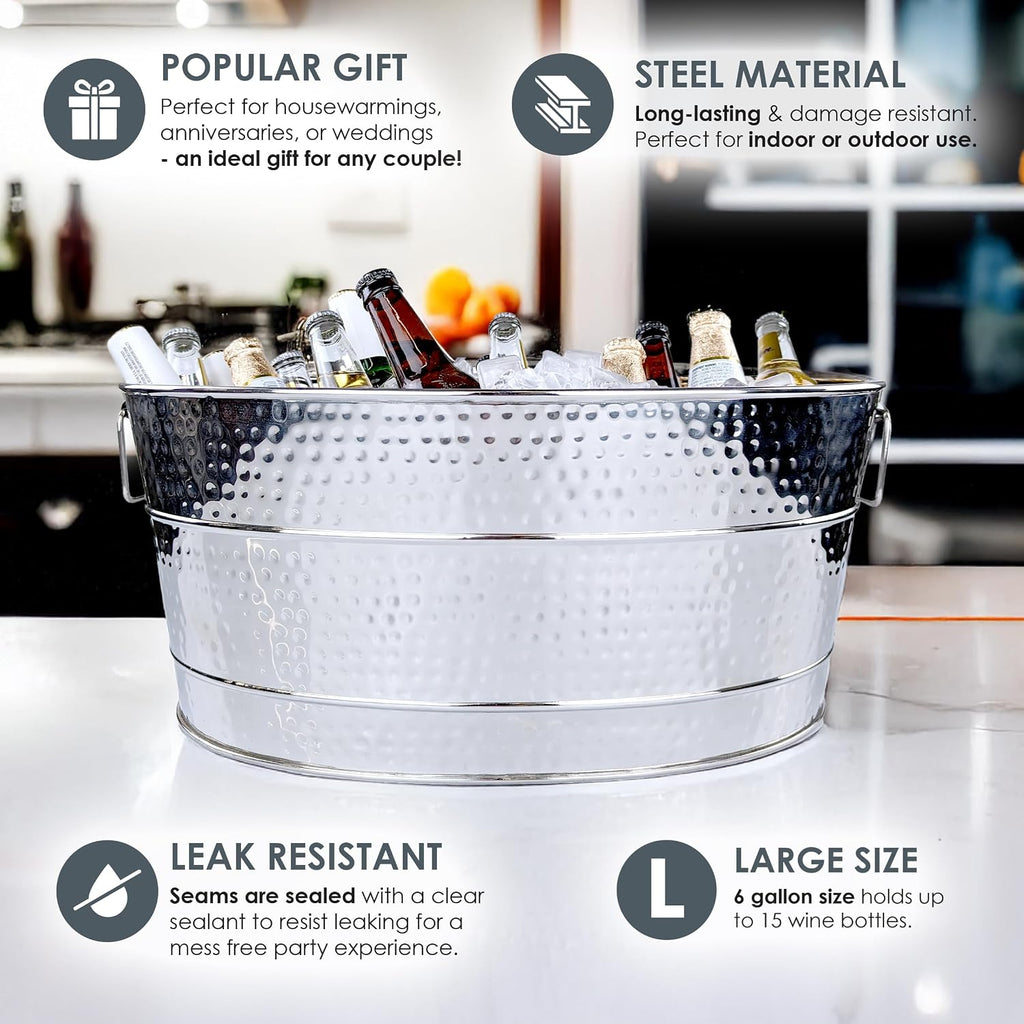 BREKX Stainless Steel Beverage Tub + Insulated Multi-Functional Bar Mat for Parties & Events (6-Gallon), Large Ice Bin for Drinks with Rubber Drying Mat Set
