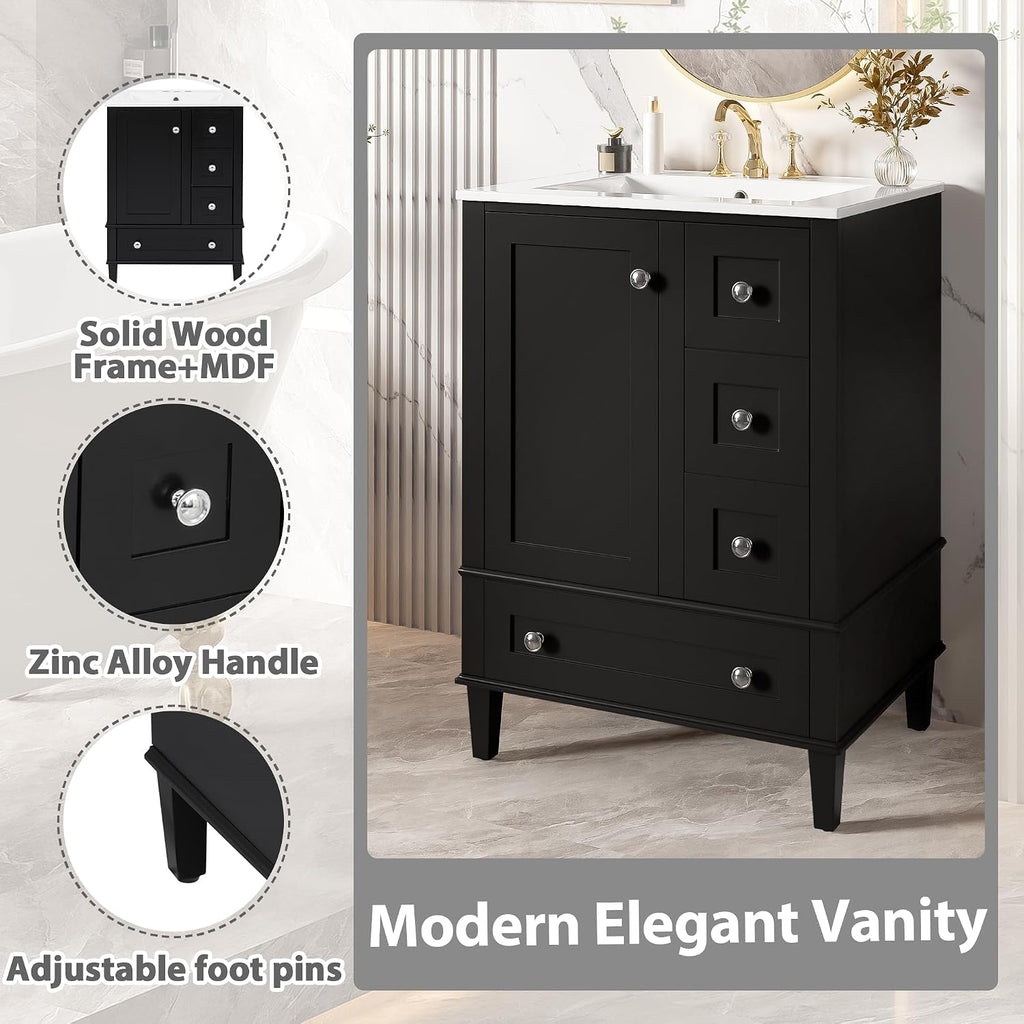 Bellemave 24' Bathroom Vanity with Sink Combo Set, Solid Wood Frame Bathroom Storage Cabinet with 3 Drawers, Soft Closing Cabinet Door with Organizer, Black