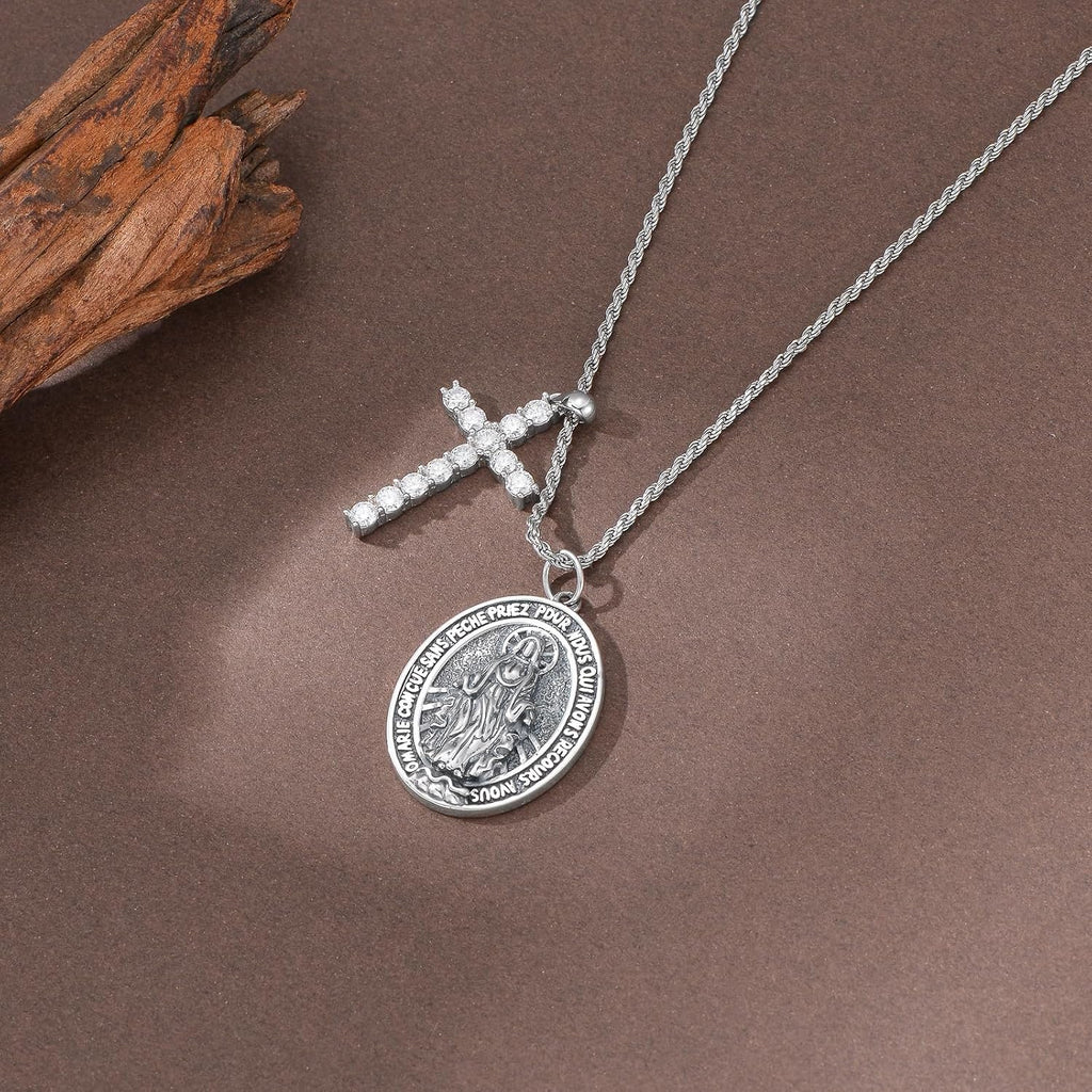 Real Sterling Silver Religious Necklace for Women, s925 Silver Cross Necklace Christian Religion Jewelry for Confirmation Baptism Ladies Mom, 18+2'