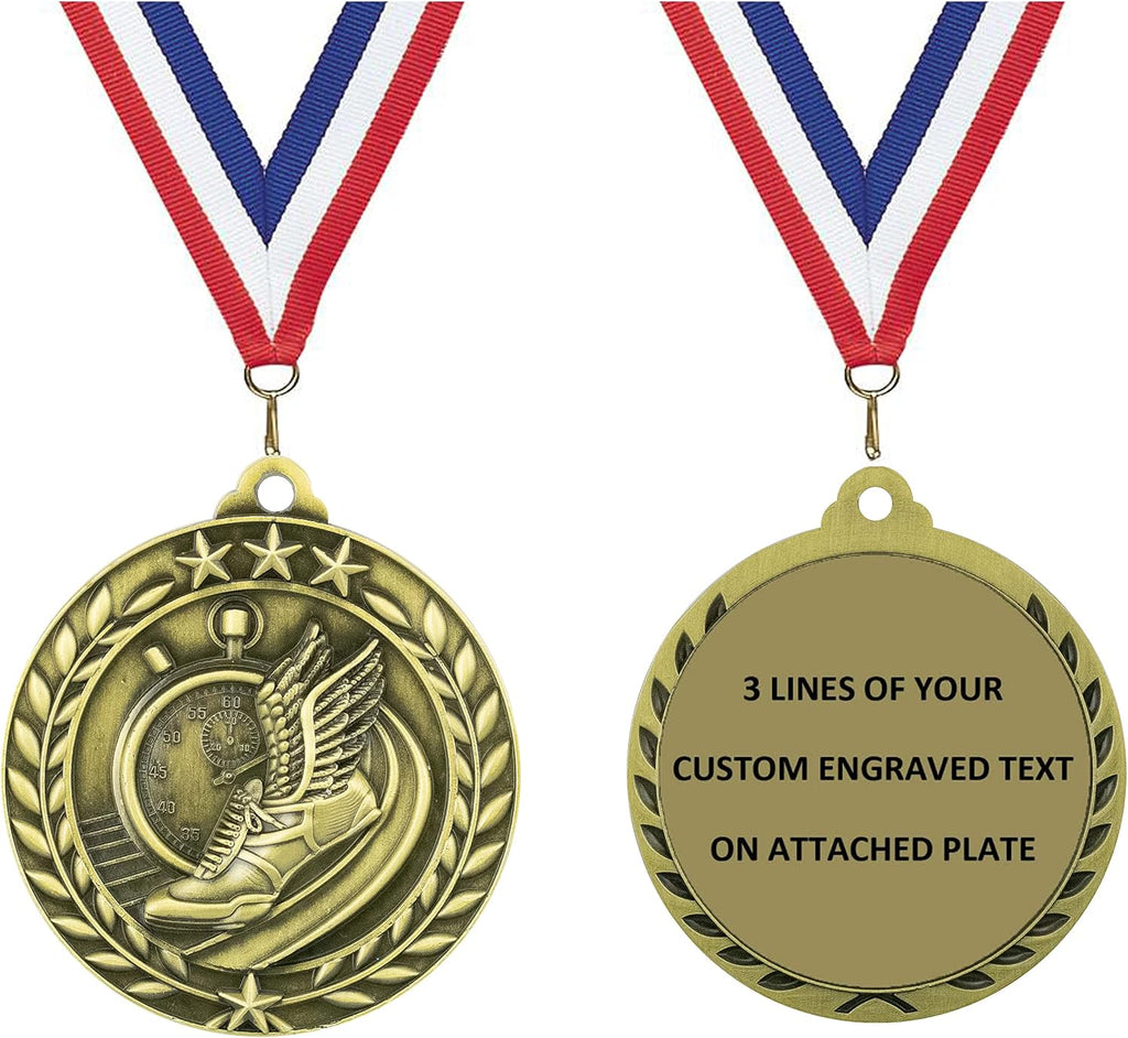 Express Medals Personalized Track Gold Medal with Red White & Blue Neck Ribbon Award Trophy WAM9