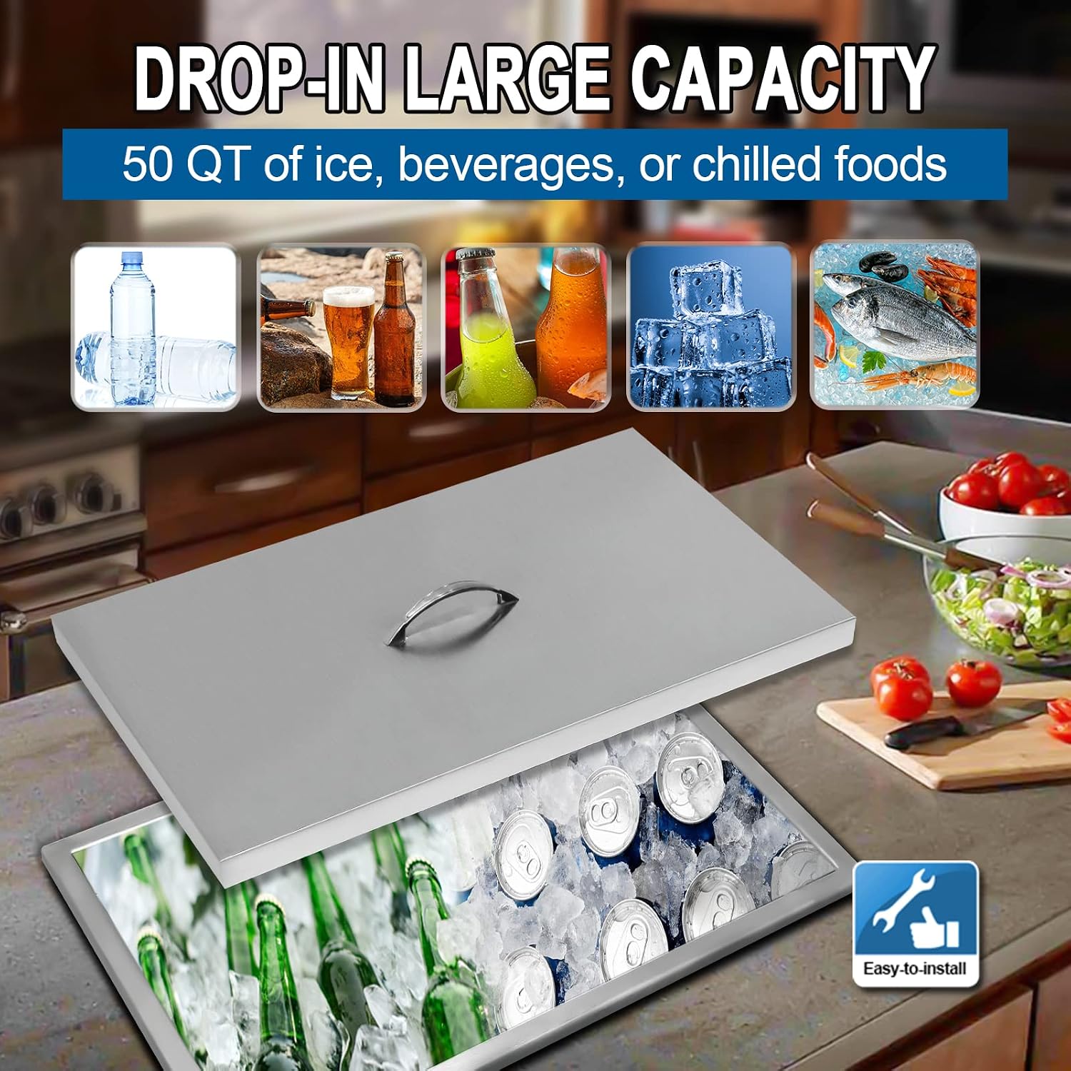 Drop in Ice Chest, Outdoor Kitchen Ice Bar Stainless Steel Ice Cooler, Commercial Ice Bin with Hinged Cover, Ice Bucket, for Cold Wine Beer
