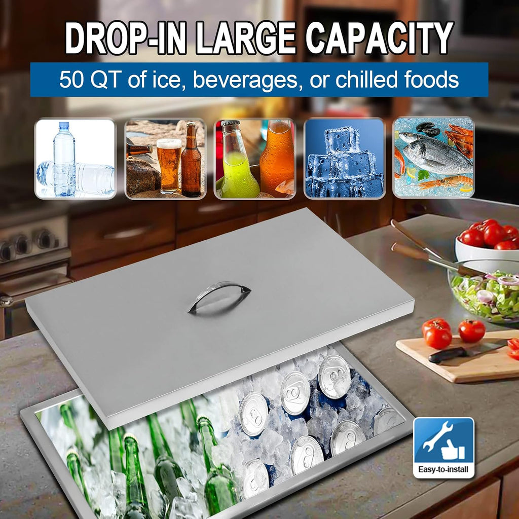 Drop in Ice Chest, Outdoor 304 Stainless Steel Built-in Ice Bucket, Ice Bin Cooler with Cover Including Drain-Pipe & Drain Plug Lid for Cold Wine Beer,23''L X 17''W X 12''H