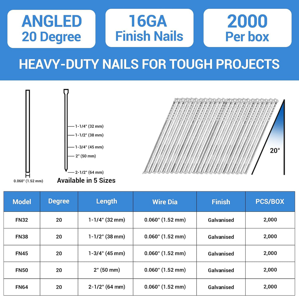 meite 16 Gauge 20 Degree Angled Finish Nails 1-1/2 Inch Galvanized Rust-Proof Finishing Nails for Electric or Pneumatic Finish Nailer - Cabinet Crown Baseboard Trim & Molding (24,000 PCS)