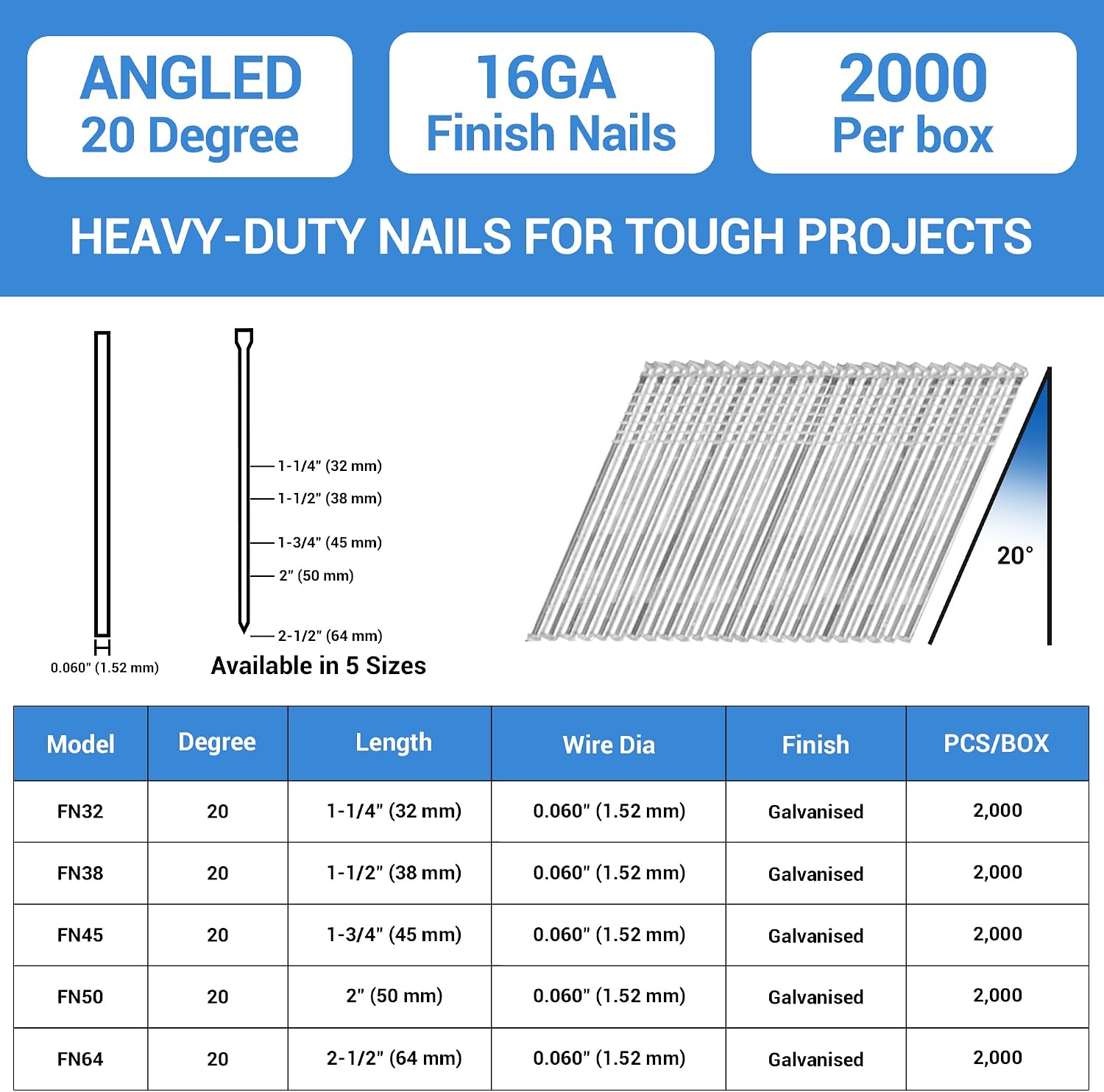 meite 16 Gauge 20 Degree Angled Finish Nails 2-1/2 Inch Leg Galvanized No-rust Finishing Nails for Finish Nailer Gun - Cabinet Crown Baseboard 10,000PCS