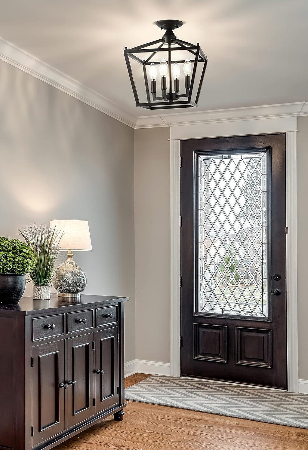 JONATHAN Y 12' Oil Rubbed Bronze Modern Farmhouse Pagoda 4-Light LED Semi Flush Mount Lantern, Metal Ceiling Light Fixture for Kitchen, Hallway, Entryway, Bedroom, Hardwired JYL7610A