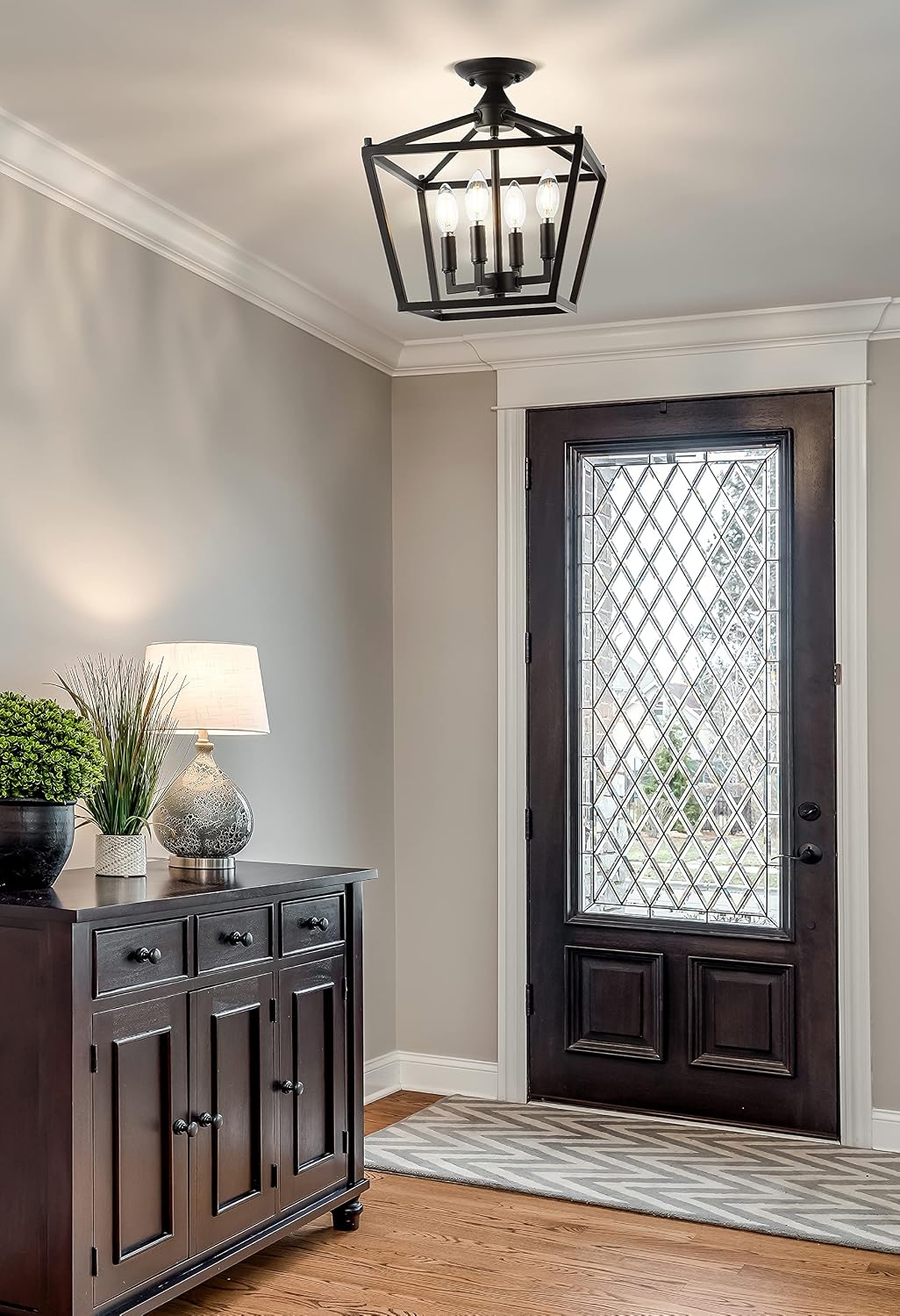 JONATHAN Y 12' Oil Rubbed Bronze Modern Farmhouse Pagoda 4-Light LED Semi Flush Mount Lantern, Metal Ceiling Light Fixture for Kitchen, Hallway, Entryway, Bedroom, Hardwired JYL7610A