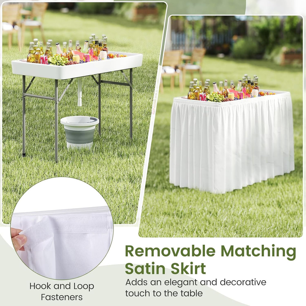 KOTEK Folding Ice Cooler Table, 4 FT Portable Ice Table with Drain, Matching Skirt & Foldable Bucket, Buffet Beverage Server for Party, Picnic, Camping