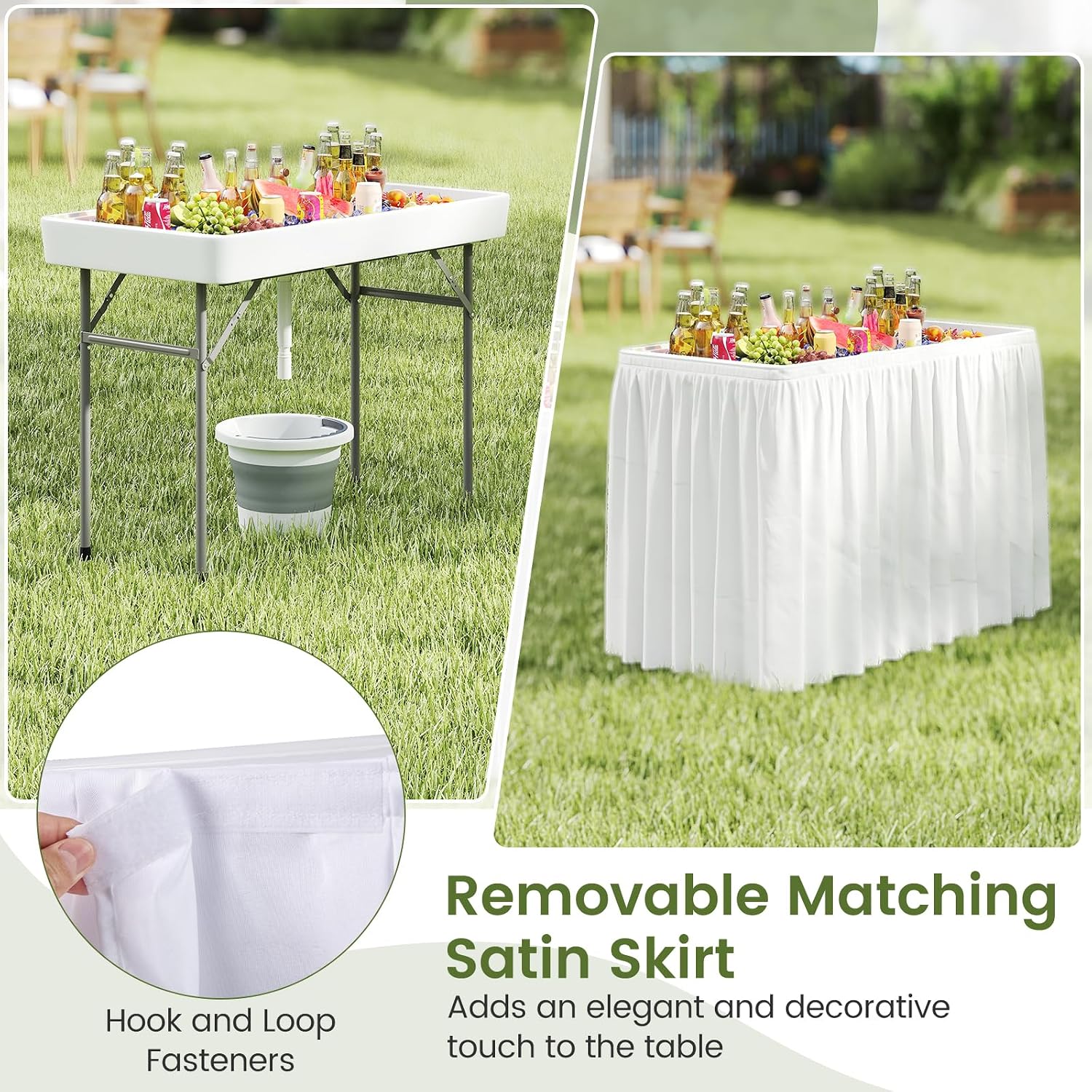 KOTEK Folding Ice Cooler Table, 4 FT Portable Ice Table with Drain, Matching Skirt & Foldable Bucket, Buffet Beverage Server for Party, Picnic, Camping