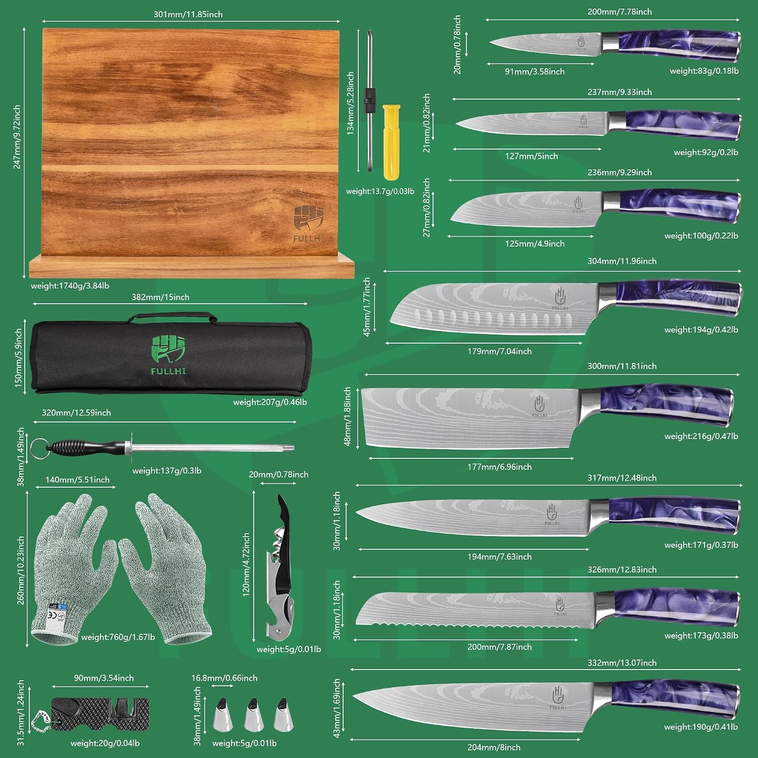 FULLHI Knife Set with Magnetic Knife Block Holder,15pcs Japanese Knives Set, German Stainless Steel chef Knife Set