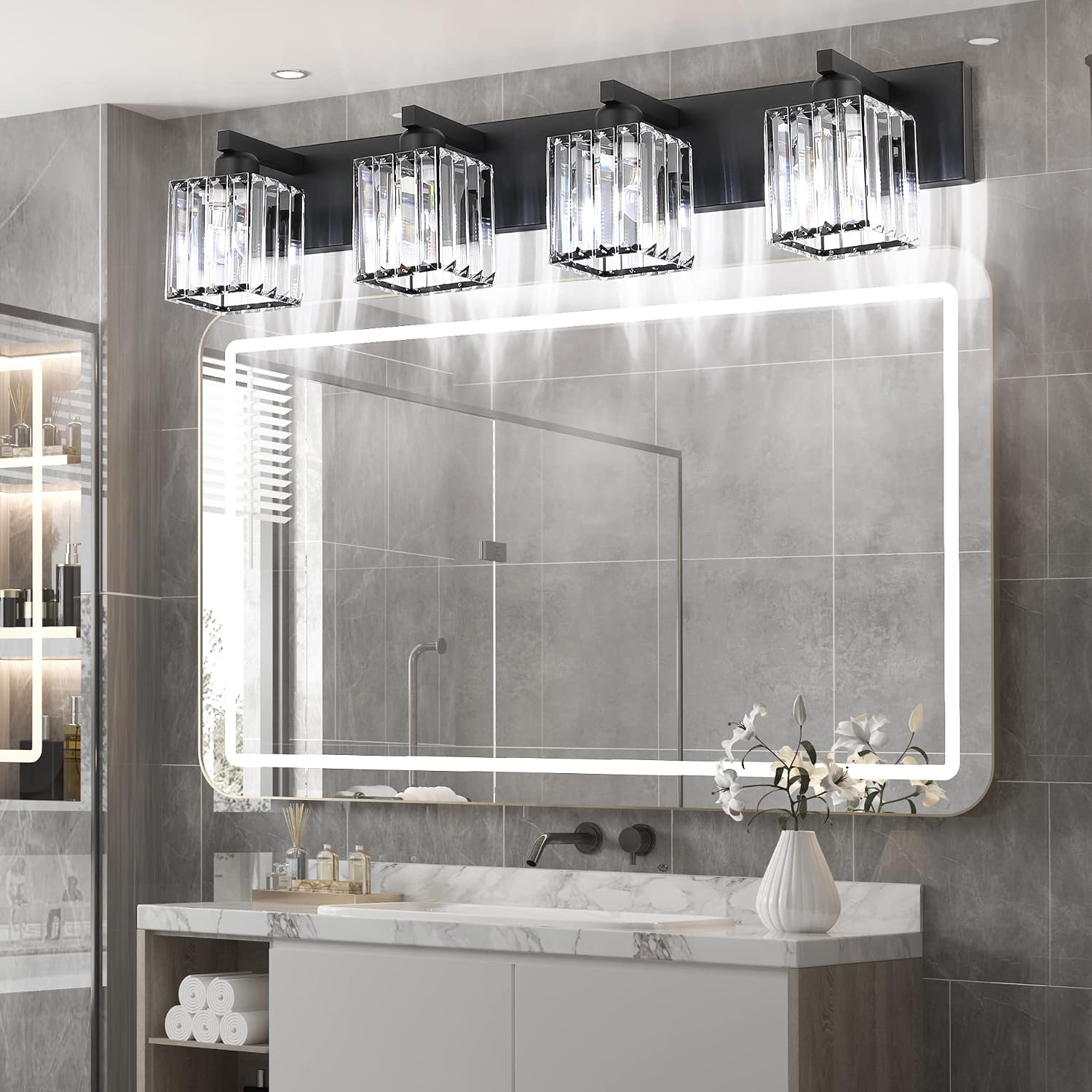 Aipsun Black Light Fixtures Bathroom Vanity Light Crystal Modern Vanity Light for Bathroom 4 Light (Exclude Bulb)