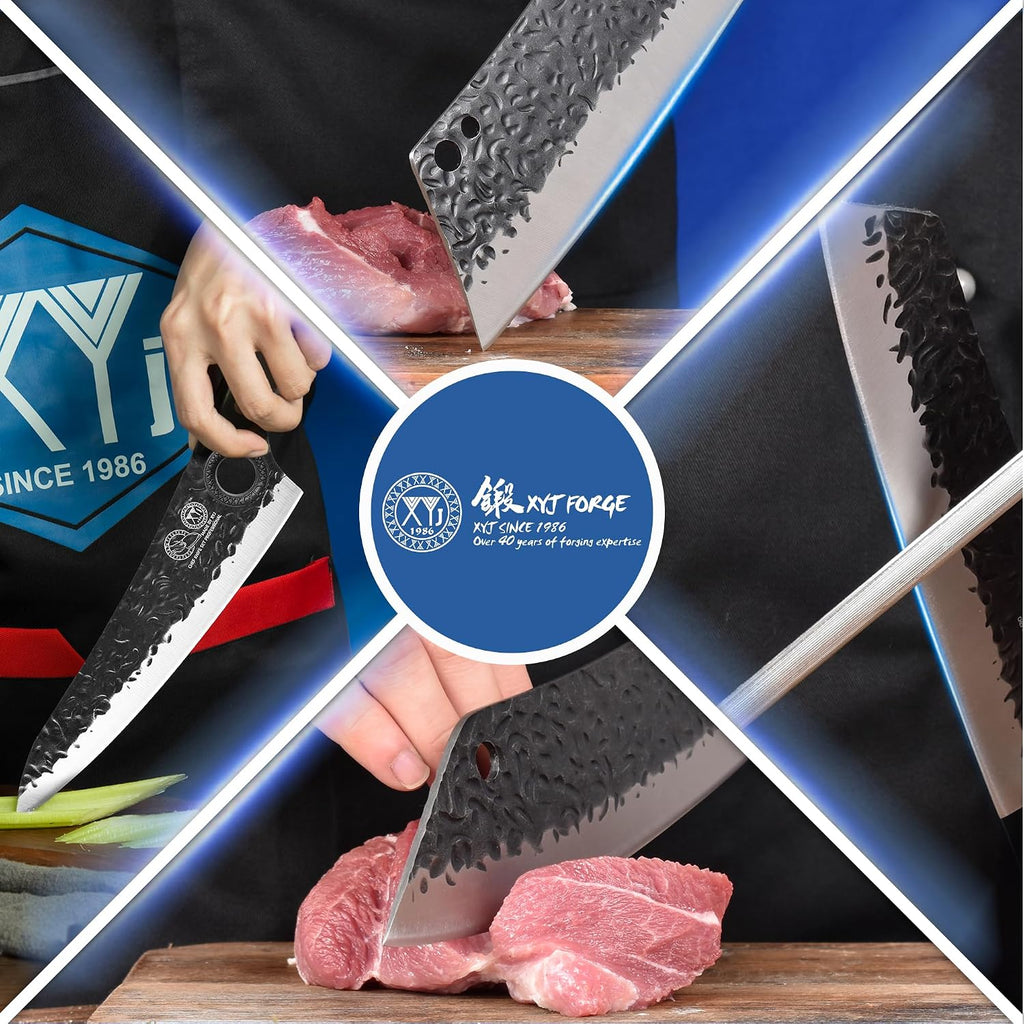 XYJ Professional Kitchen Knife Set with High-Carbon Steel Forged Blades, Chef's Knife, Cleaver, Carving Knife, Nakiri, Full Tang Design, Includes Carrying Bag & Poultry Scissors