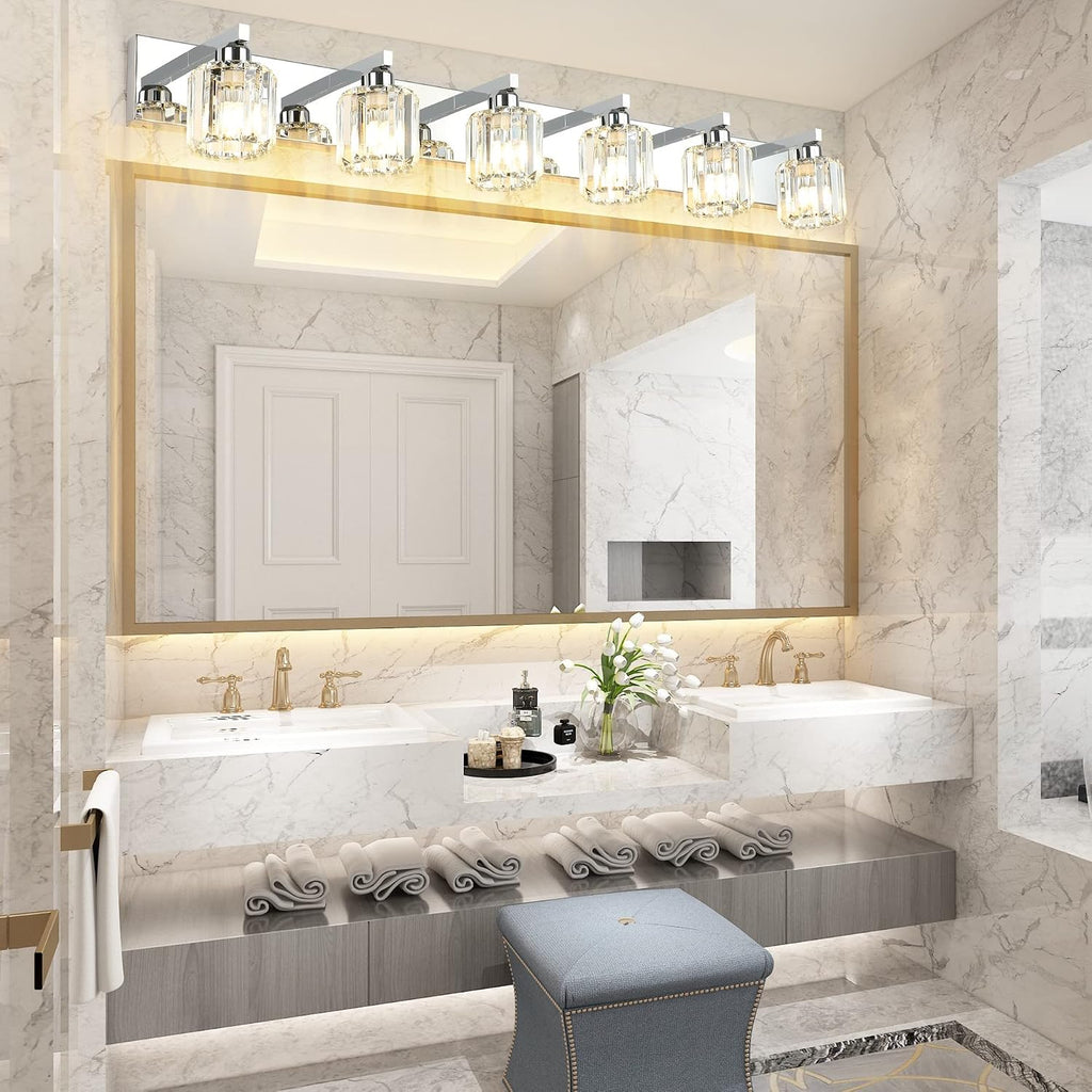 Aipsun Bathroom Vanity Light Crystal Vanity Lighting Fixtures 6 Lights Chrome Vanity Light for Bathroom (Exclude Bulb)