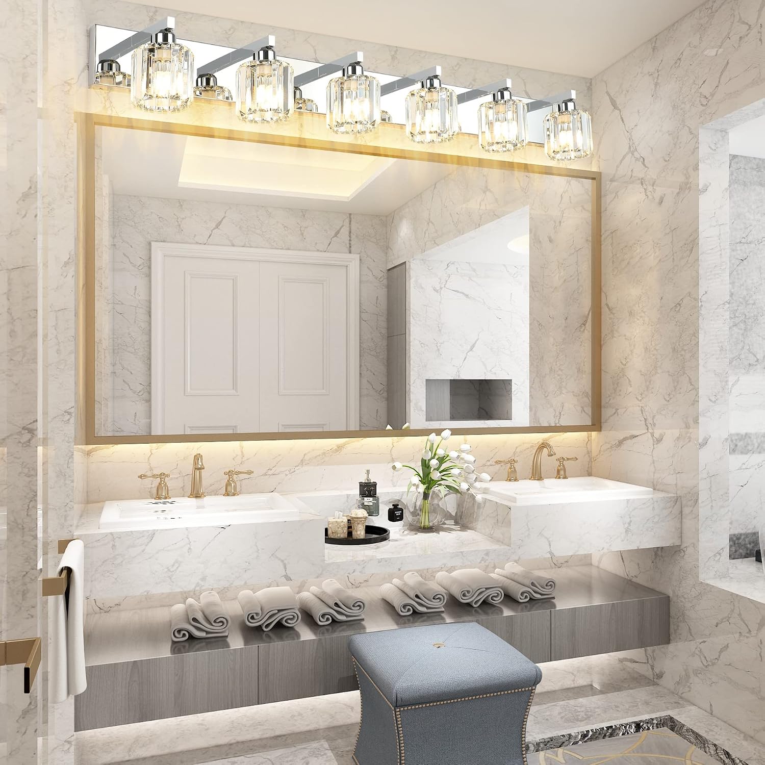 Aipsun Bathroom Vanity Light Crystal Vanity Lighting Fixtures 6 Lights Chrome Vanity Light for Bathroom (Exclude Bulb)