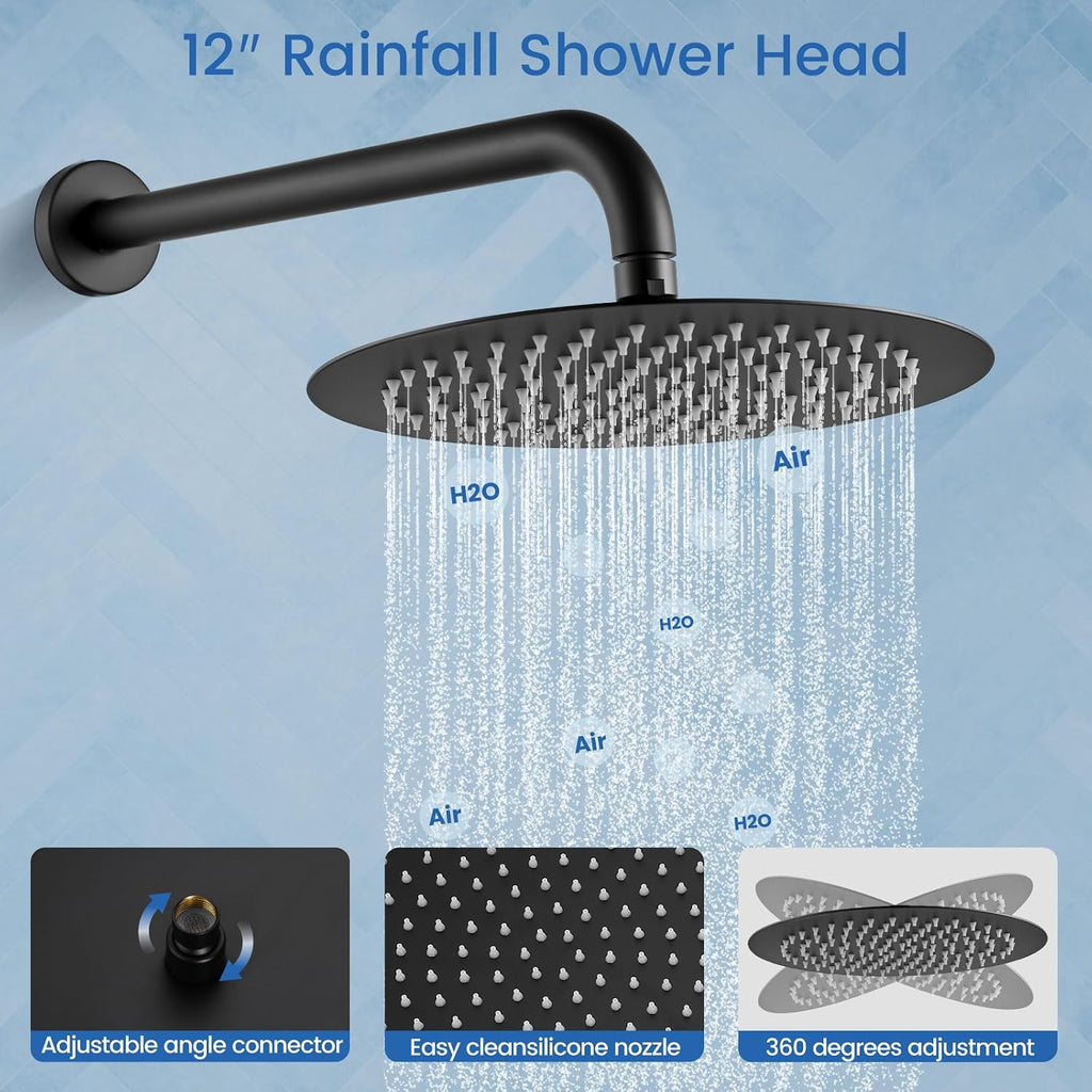 Airuida Shower Faucet Set, Bathtub Faucet Set with 12 Inch Rain Shower Head and Valve,2 Functions Tub Shower Faucet Set for Bathroom-Matte Black