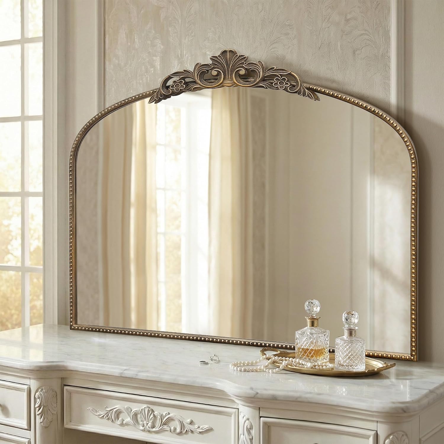 Micasso Large Vintage Gold Mirror: 40'x29' French Baroque Antique Arched Mirror - Traditional Ornate Decorative for Wall/Fireplace/Mantel/Entryway/Bathroom/Hallway - Home Decor for Living Room
