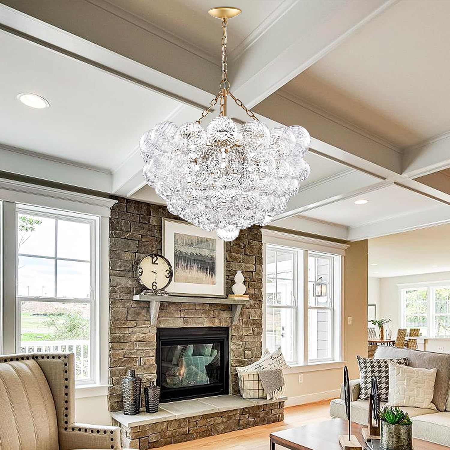 31' Gold 9-Light Bubble Chandelier | Swirled Clear Nordic Glass, Ribbed Glass Globe Pendant, Art Deco Cluster Ball Fixture