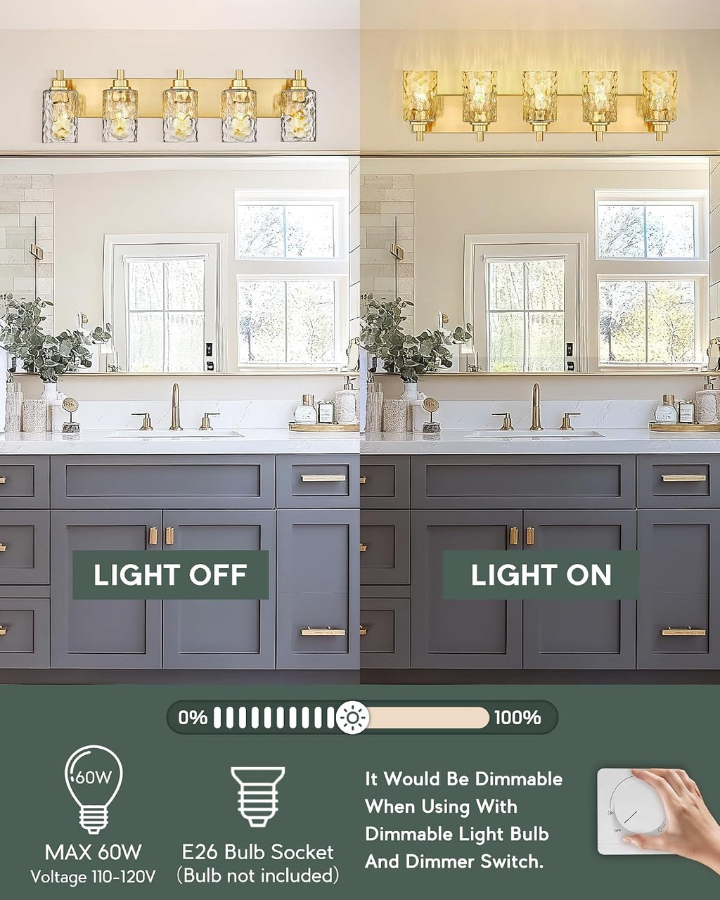 5-Light Bathroom Light Fixtures, 30 Inch Brushed Gold Vanity Lights with Clear Hammered Glass Cylinder Shade, Modern Vanity Lighting Fixture Over Mirror, VL198-BG-5