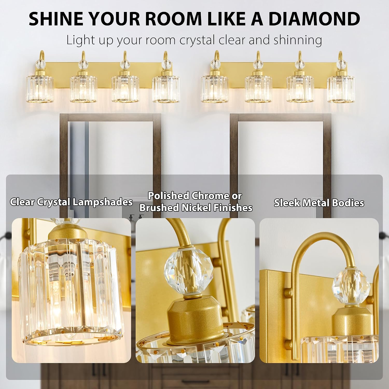Bathroom Vanity Light Fixtures Over Mirror - Makeup Lighting Pure Gold - for Modern Wall, Bath, Desk, Farmhouse, Hallway - 4 Crystal Lights