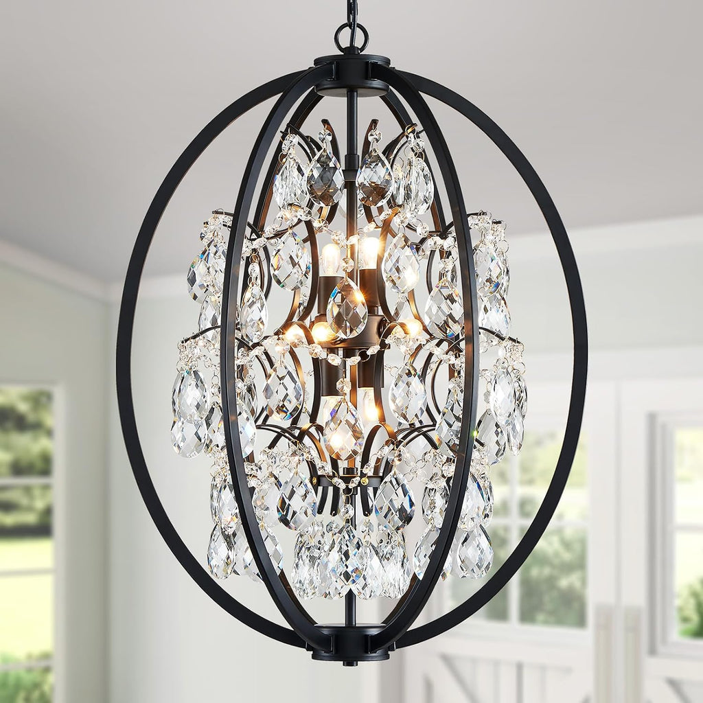 WUZUPS Globe Crystal Chandelier Raindrop Pendant Flushmount Ceiling Light Modern Lighting Fixture for Bedroom Hallway Bar Kitchen Bathroom, H 23.6' x W 19.7', Black, 8 E12 Base