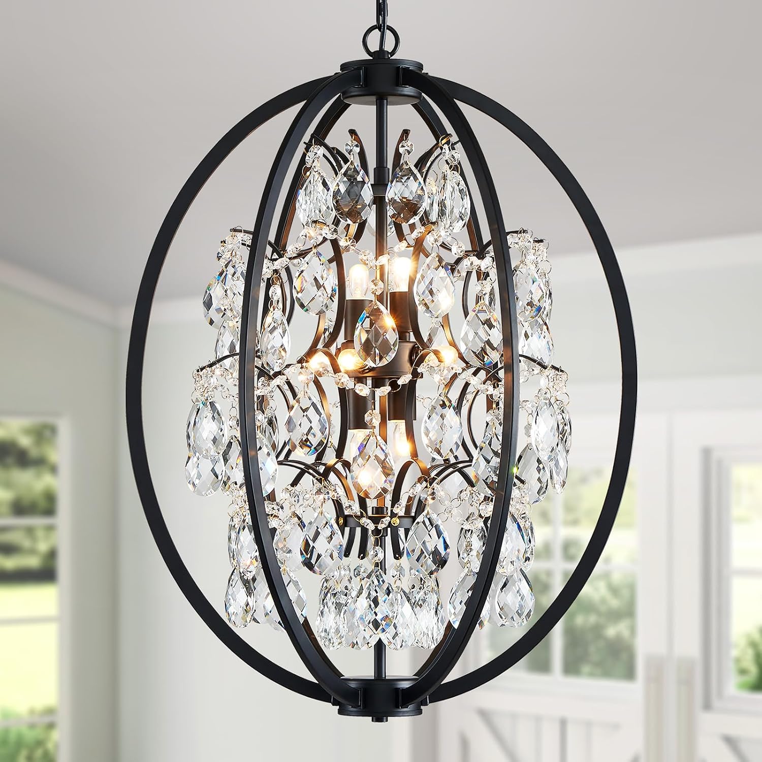 WUZUPS Globe Crystal Chandelier Raindrop Pendant Flushmount Ceiling Light Modern Lighting Fixture for Bedroom Hallway Bar Kitchen Bathroom, H 23.6' x W 19.7', Black, 8 E12 Base