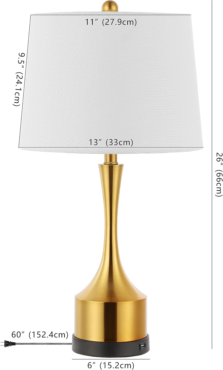 JONATHAN Y 26' Brass Gold Table Lamp Set of 2 with USB Charging Port, French Country Bedside Lamps for Living Room Bedroom Decor, White Linen Shade, LED Bulbs Included JYL4045A-SET2
