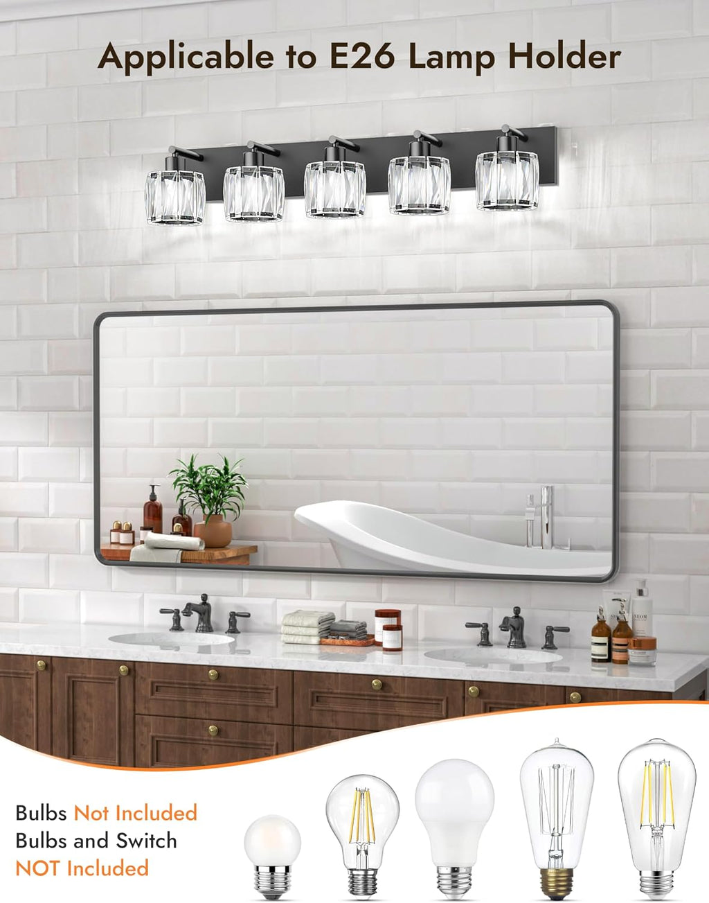 VOLISUN Crystal Vanity Lights for Bathrooms, 5 Light Bathroom Vanity Light, Modern Matte Black Bathroom Light Over Mirror, Black Bathrooms Lights Fixtures-UL Certificated(Exclude Bulb)