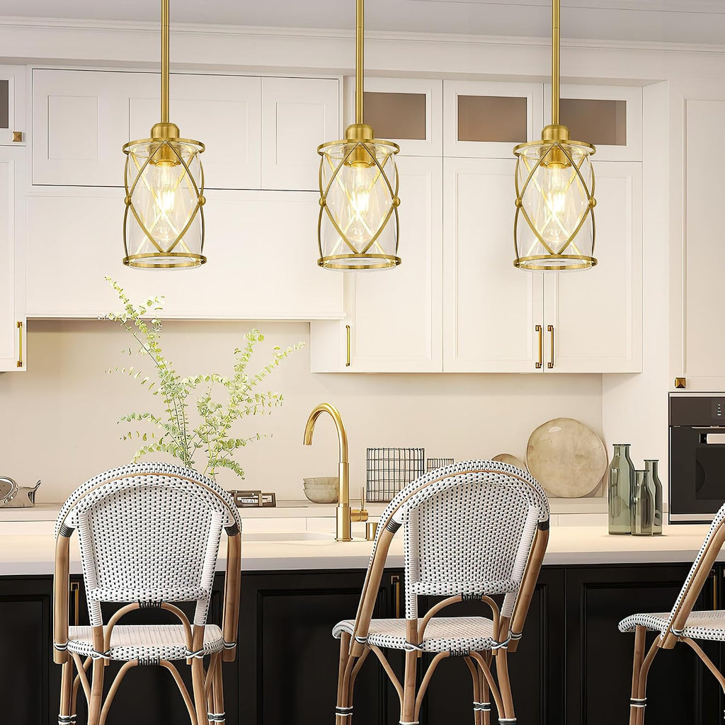 Brushed Gold Pendant Lights Kitchen Island 3 Pack, Glass Kitchen Pendant Lighting Over Island with Rod, Modern Mini Hanging Light for Kitchen Sink Dining Room, CH9176BG-3PK